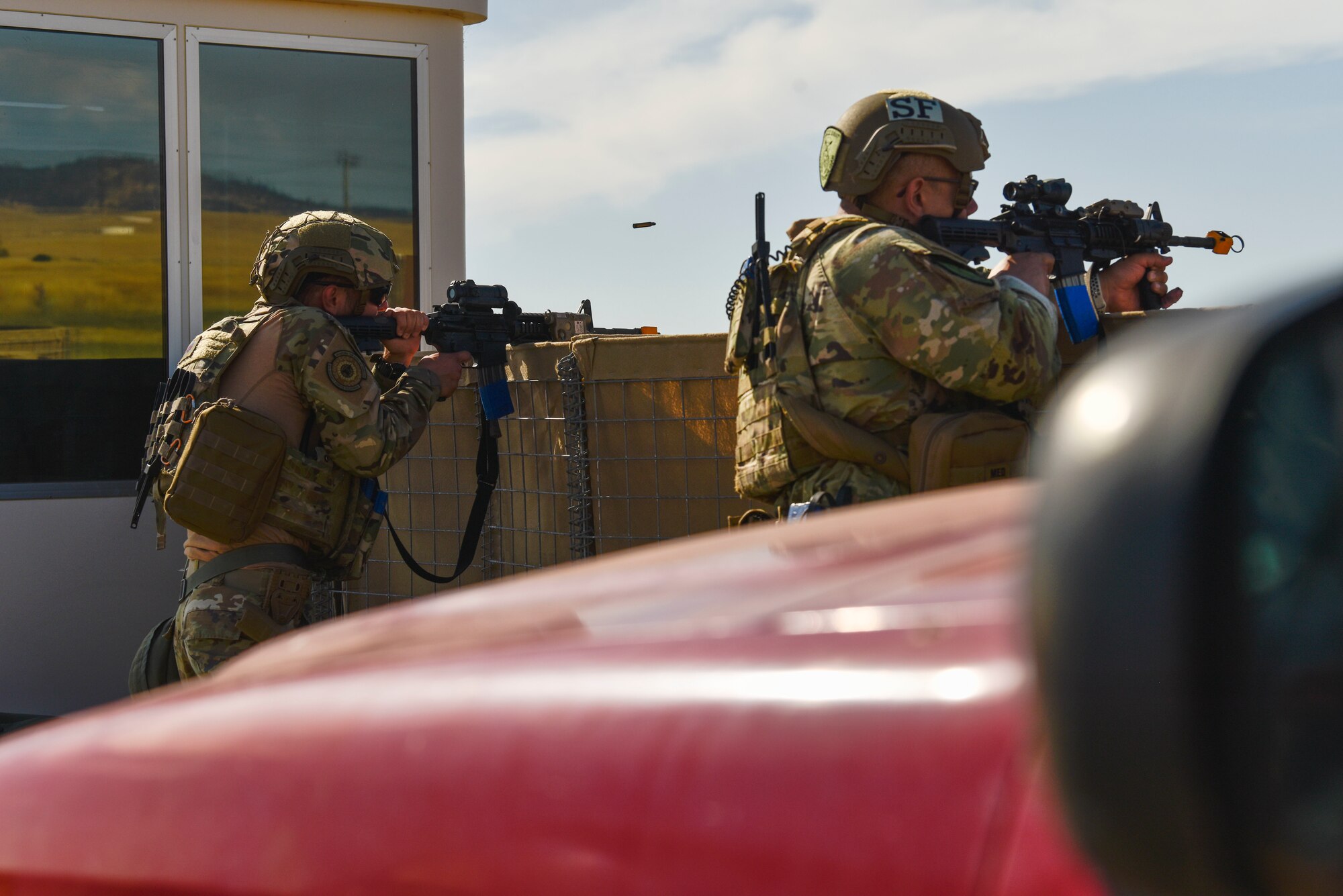 U.S. Air Force 9th Security Forces Squadron defenders defend an entry control point during Exercise DRAGON FANG, June 15, 2023 at Beale Air Force Base, California.