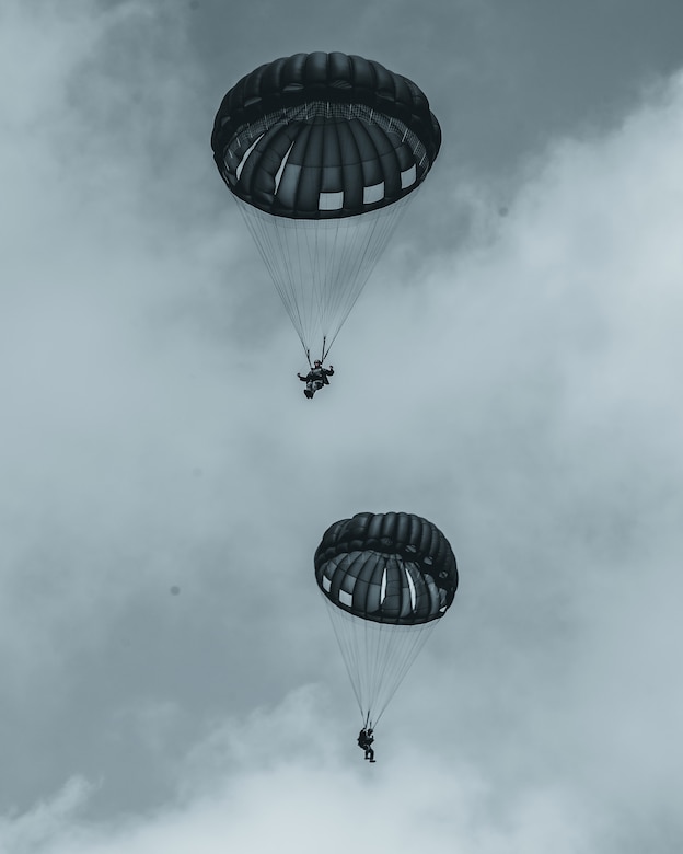Two service members descend with open parachutes in a gray, cloudy sky.