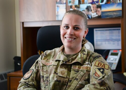 Master Sgt. Sarah Jones, installation development advisor, sits in her office at the Education Center at Hanscom Air Force Base, Mass., June 8. As the development advisor, formerly called the career assistance advisor, Jones is available to assist enlisted members with all matters of professional development, planning and career opportunities. (U.S. Air Force photo by Lauren Russell)
