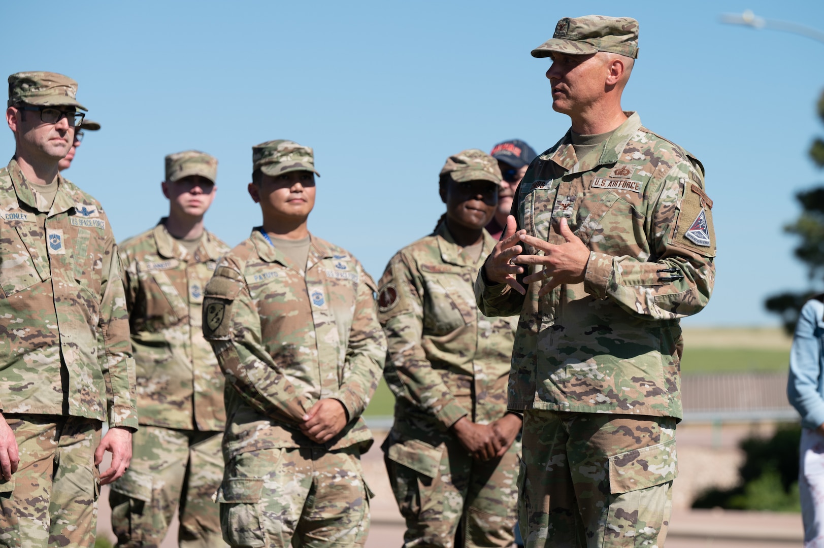 U.S. Air Force Col. Randy Combs, Space Base Delta 1 vice commander - Schriever, gives a speech during the 25th anniversary of the base’s renaming on Schriever Space Force Base on June 21, 2023. The speech took place next to the site where a Team Schriever time capsule was buried. The capsule is scheduled to be dug up in 25 years. (U.S. Space Force photo by Airman 1st Class Justin Todd)