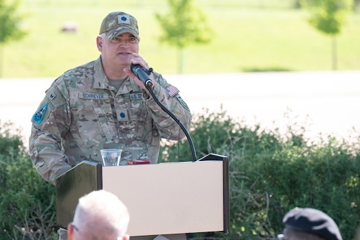  U.S. Space Force Lt. Col. Michael Schriever, Chief of the Engine Room for Space Training and Readiness Command, gives a speech about his grandfather, Gen. Bernard A. Schriever, during the 25th anniversary of the base’s renaming on Schriever Space Force Base on June 21, 2023. Lt. Col. Schriever initially enlisted into the U.S. Navy and spent 12 years as a Navy nuclear operator before commissioning the United States Air Force in 2004. (U.S. Space Force photo by Airman 1st Class Justin Todd)