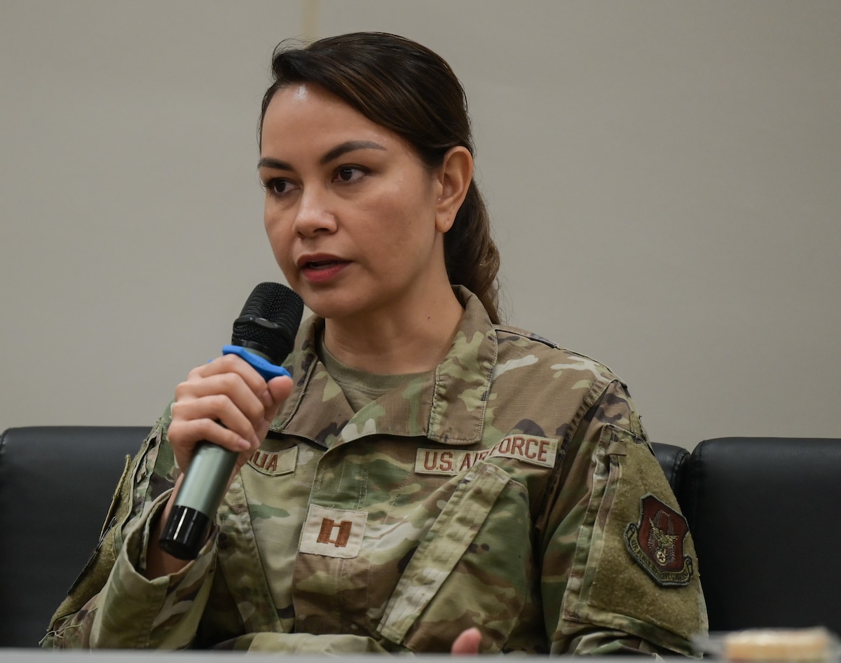 Capt. Jennifer Kapahua, 624th Aeromedical Staging Squadron registered nurse, speaks at a pride month discussion panel at Joint Base Pearl Harbor-Hickam, Hawaii, June 9, 2023. Panelists were given the opportunity to share their personal stories and increase awareness about the importance of diversity and inclusion in the Air Force. (U.S. Air Force photo by Staff Sgt. Alan Ricker)