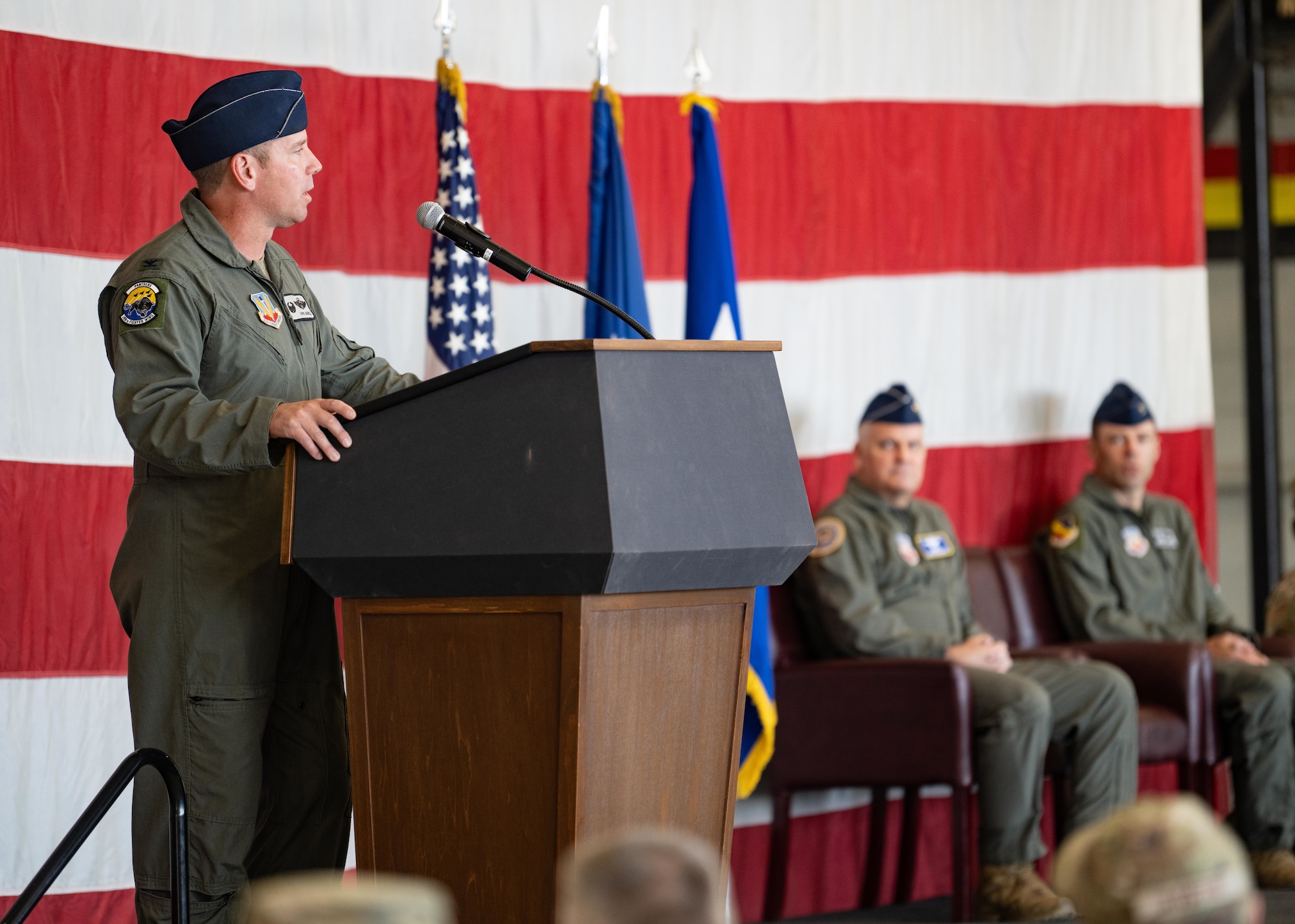 Colonel Craig Andrle, Former 388th Fighter Wing Commander, gives a speech to an audience during a change of command ceremony at Hill Air Force Base, Utah today