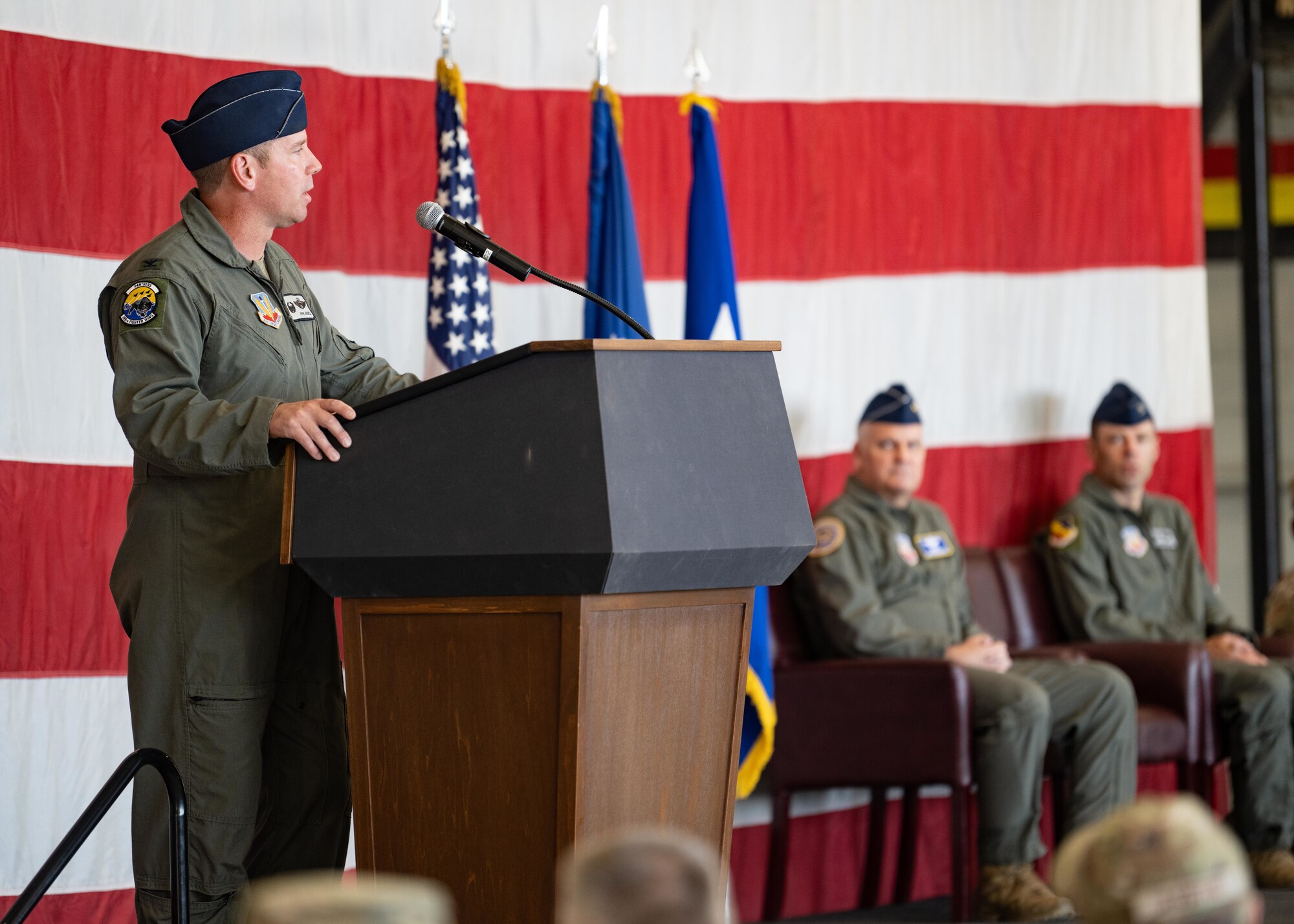 Colonel Craig Andrle, Former 388th Fighter Wing Commander, gives a speech to an audience during a change of command ceremony at Hill Air Force Base, Utah today