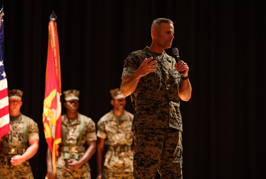 U.S. Marine Corps Brig. Gen. Andrew M. Niebel, the outgoing commanding general of Marine Corps Installations East-Marine Corps Base Camp Lejeune (MCIEAST-MCB) gives remarks during the MCIEAST change of command ceremony ​on MCB Camp Lejeune, North Carolina, June 22, 2023. Niebel served as the 8th commanding general of MCIEAST since June 2021 and relinquished his command to Col. Adolfo Garcia Jr.