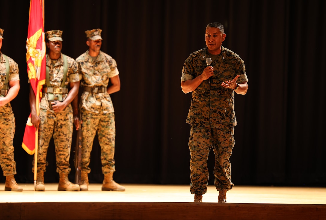 U.S. Marine Corps Col. Adolfo Garcia Jr., the incoming commander of Marine Corps Installations East-Marine Corps Base Camp Lejeune (MCIEAST-MCB) gives remarks during the MCIEAST change of command ceremony ​on MCB Camp Lejeune, North Carolina, June 22, 2023. Brig. Gen. Andrew M. Niebel relinquished command of MCIEAST to Garcia Jr.