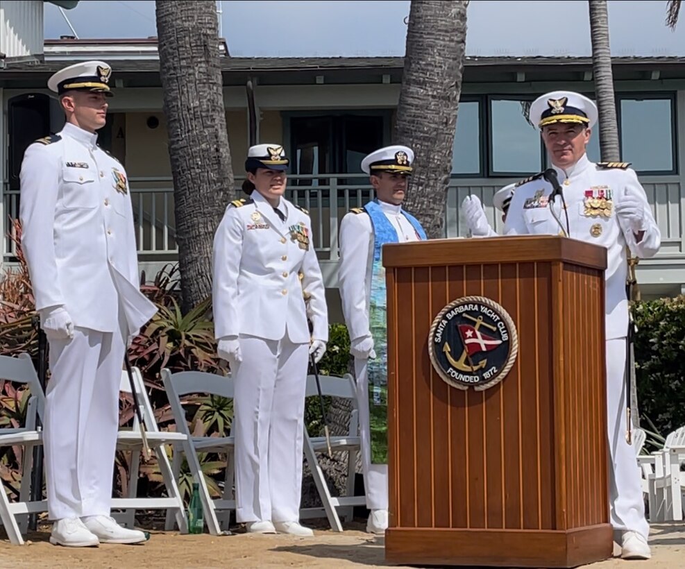 U.S. Coast Guard Lt. j.g. James Morrison III relieves Lt. Christina Sandstedt during a change-of-command ceremony aboard the Coast Guard Cutter Blackfin, homeported in Santa Barbara, California. The ceremony signifies the formal passing of responsibility, authority and accountability of command from one leader to the next.