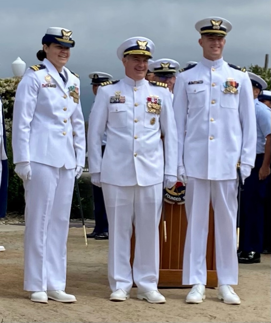 U.S. Coast Guard Lt. j.g. James Morrison III relieves Lt. Christina Sandstedt during a change-of-command ceremony aboard the Coast Guard Cutter Blackfin, homeported in Santa Barbara, California. The ceremony signifies the formal passing of responsibility, authority and accountability of command from one leader to the next.