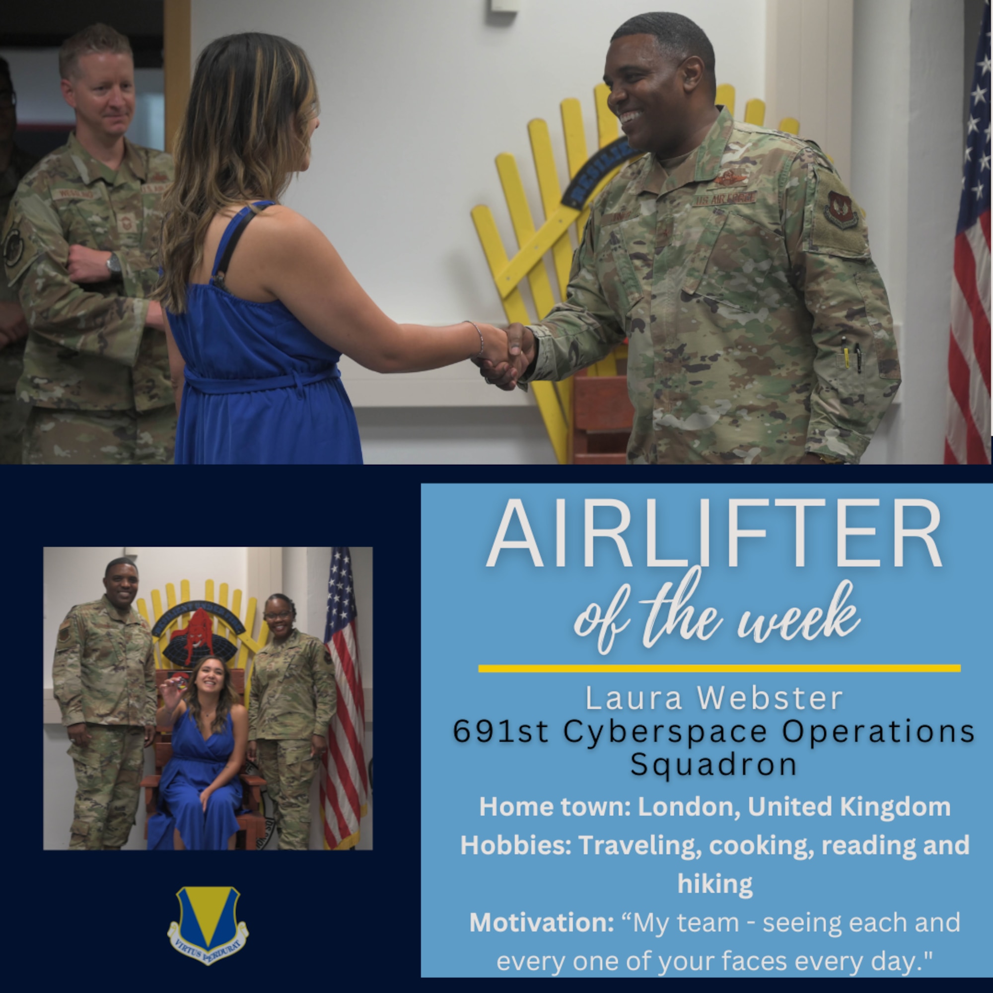 U.S. Air Force Brig. Gen. Otis C. Jones, 86th Airlift Wing commander congratulates Laura Webster, 691st Cyberspace Operations Squadron unit program coordinator, on earning Airlifter of the Week at Ramstein Air Base, Germany, June 22, 2023. Webster was awarded Airlifter of the Week for her accomplishments within her squadron, such as revitalizing the unit’s sponsorship program. (U.S. Air Force photo by Senior Airman Johnny Foister)