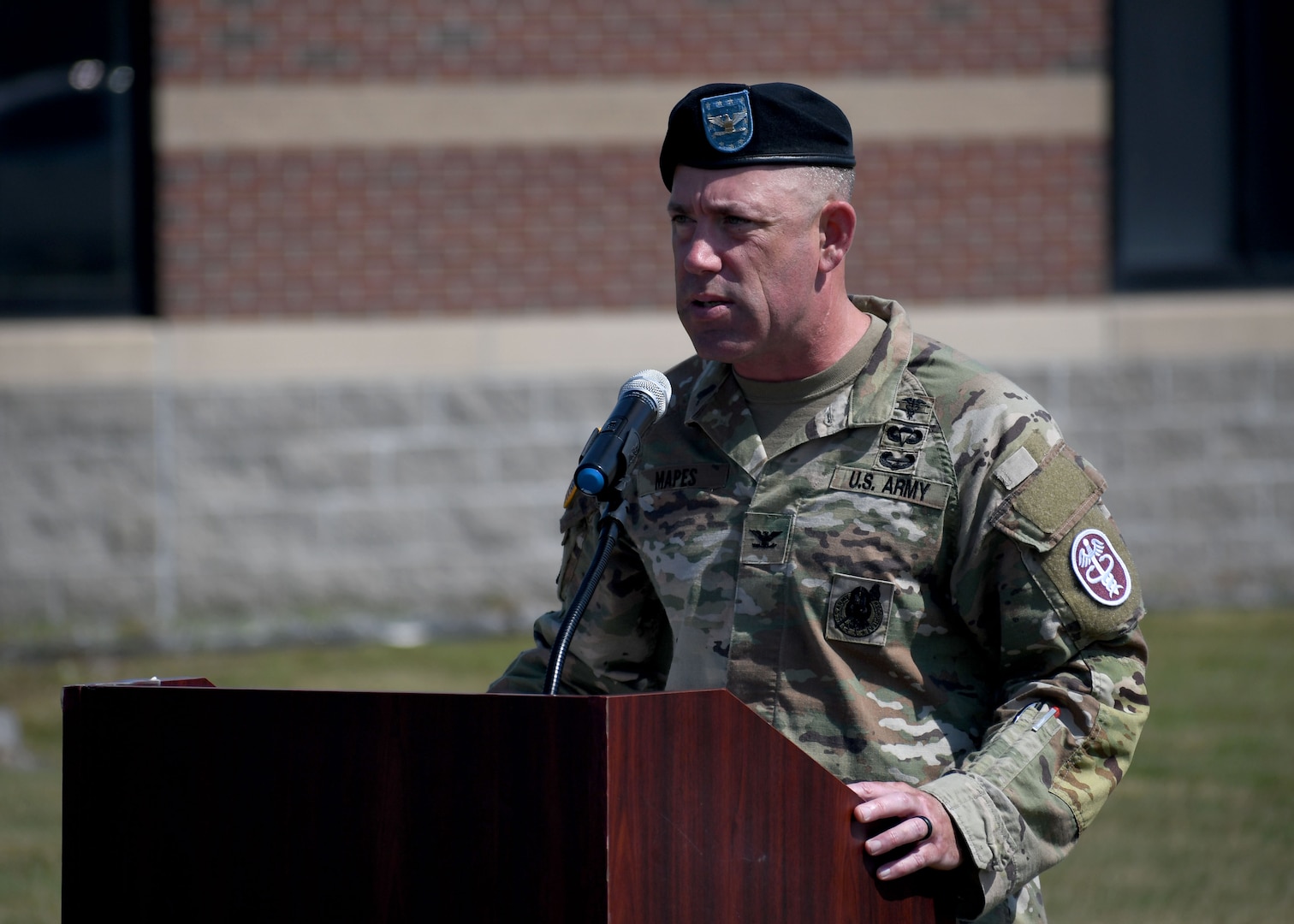 U.S. Army Col. Matthew J. Mapes, commander of the U.S. Army Medical Department Activity – Fort Drum, speaks to attendees of a change of command ceremony for the Soldier Recovery Unit at Fort Drum, N.Y., June 20, 2023.