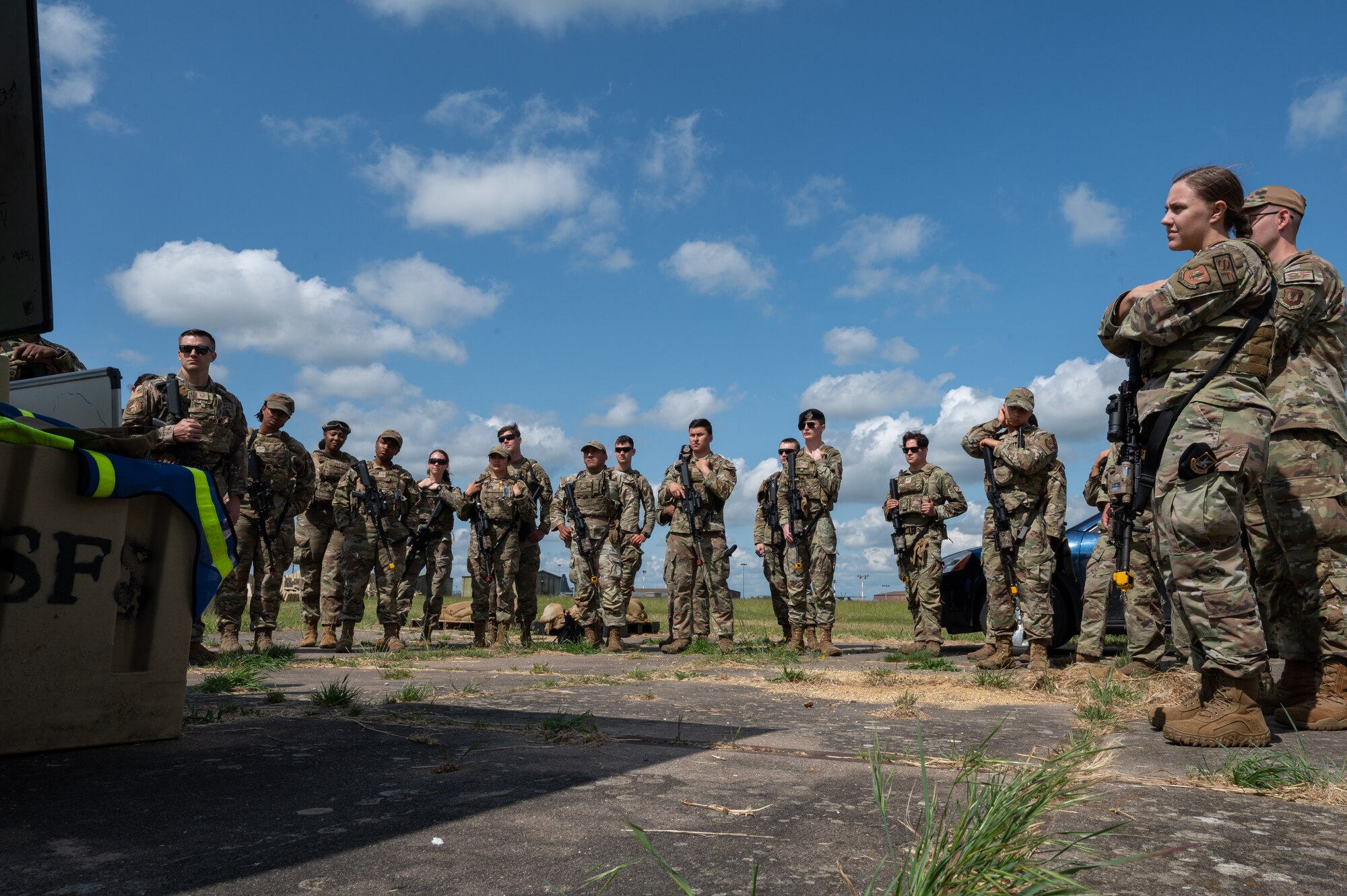U.S. Air Force Airmen assigned to the 100th Security Forces Squadron prepare to participate in ground combat skills training at Royal Air Force Mildenhall, England, June 21, 2023.