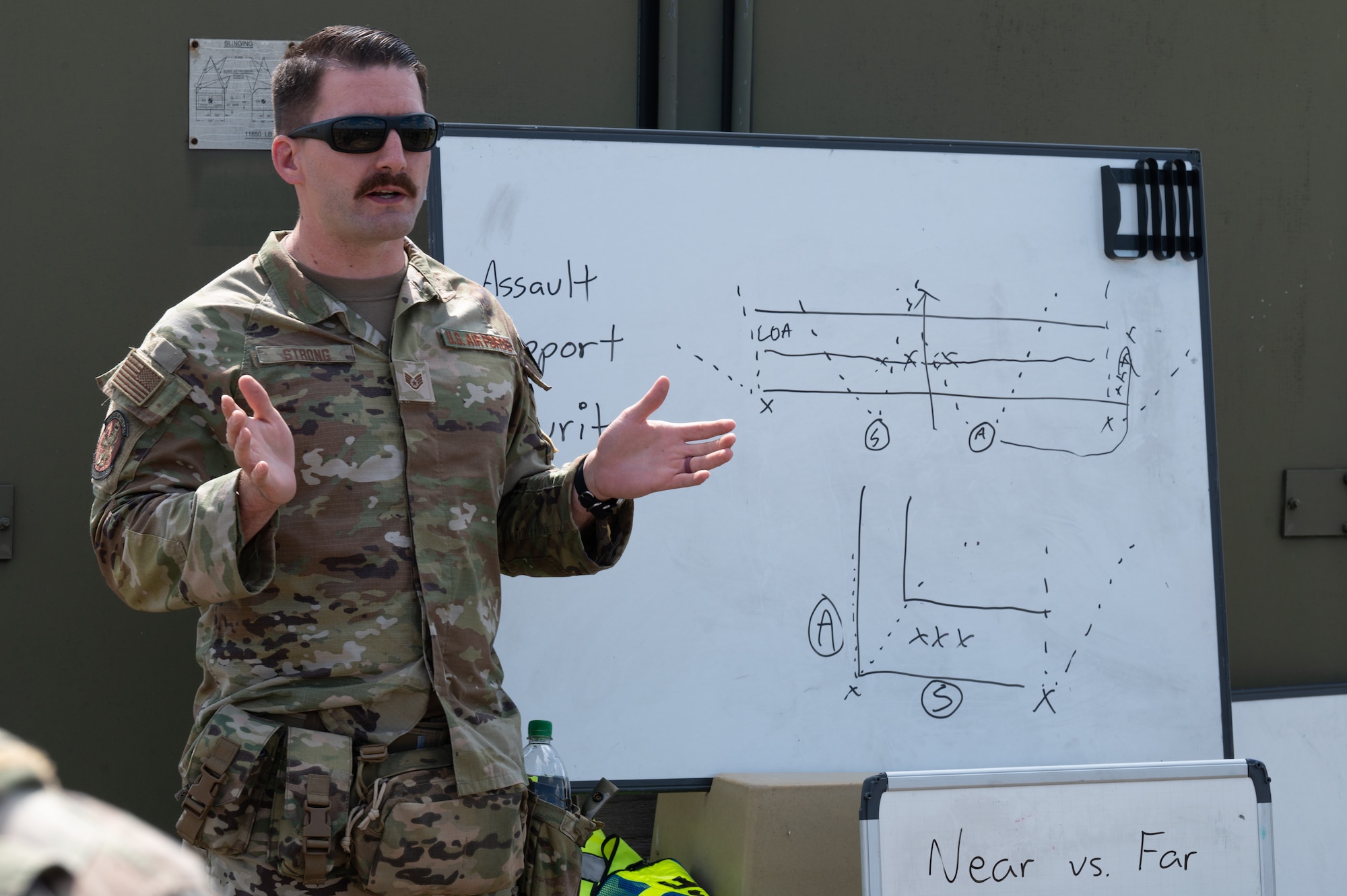 U.S. Air Force Staff Sgt. Brock Strong, 100th Security Forces Squadron lead instructor, briefs defenders about ambush and counter ambush tactics at Royal Air Force Mildenhall, England, June 21, 2023.