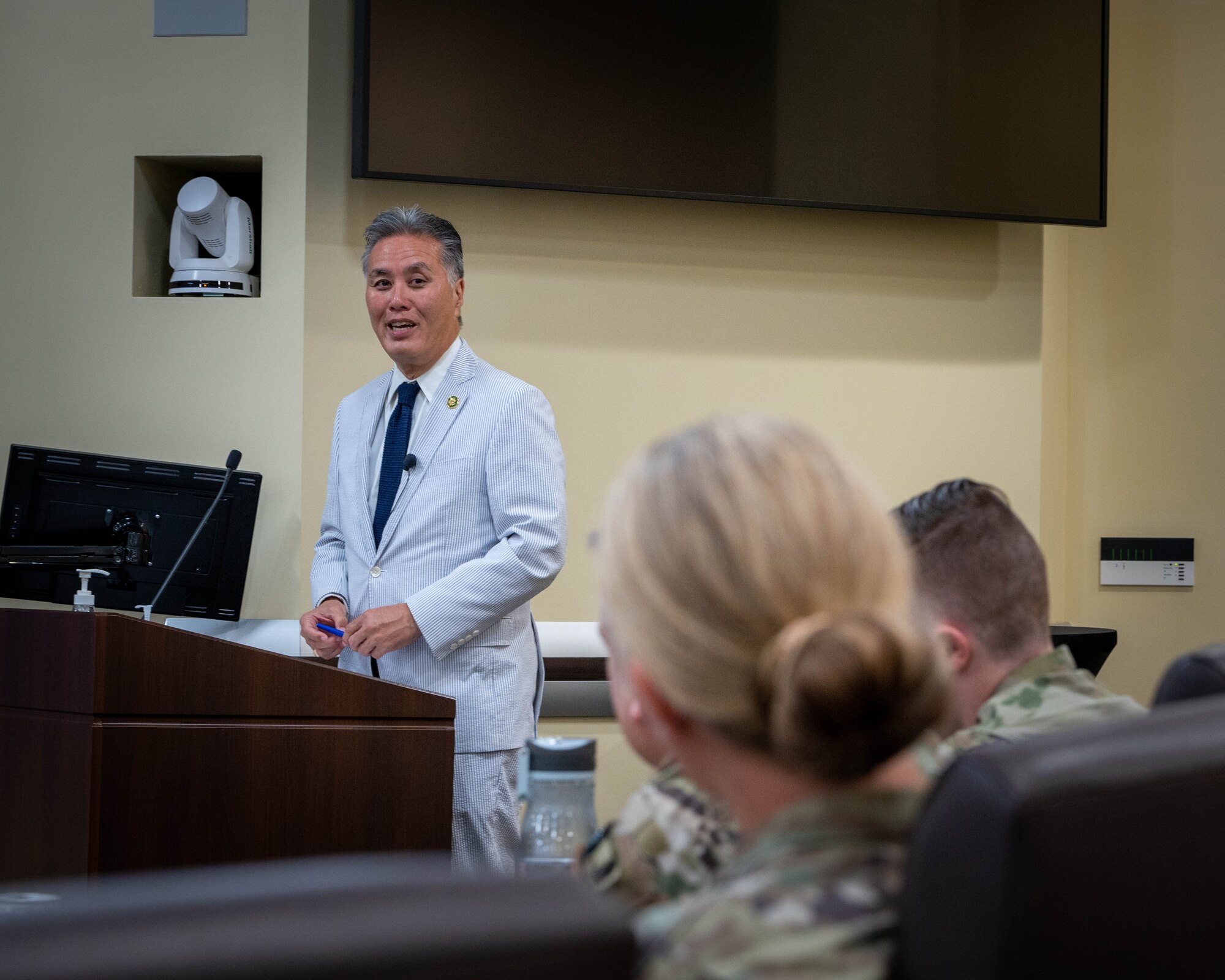 Rep. Mark Takano, a representative of California’s 39th Congressional District, speaks to Airmen about the importance of diversity, equity and inclusion at Joint Base Andrews, Maryland, June 20, 2023. The panel discussion was part of a series of events hosted by the Air National Guard Readiness Center’s Diversity and Inclusion Office, recognizing June as Pride Month, which honors LGBTQ+ service members and personnel. This year’s theme was Equality Without Exception.