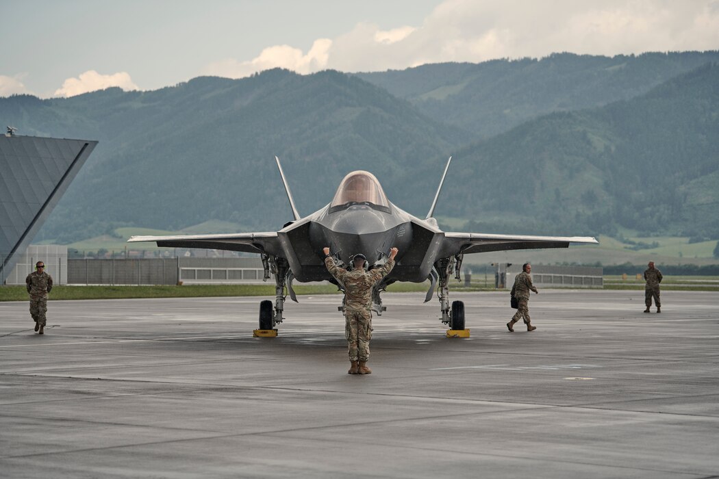 An F-35A Lightning II from the Vermont Air National Guard's 158th Fighter Wing lands at Hinterstoisser Air Base