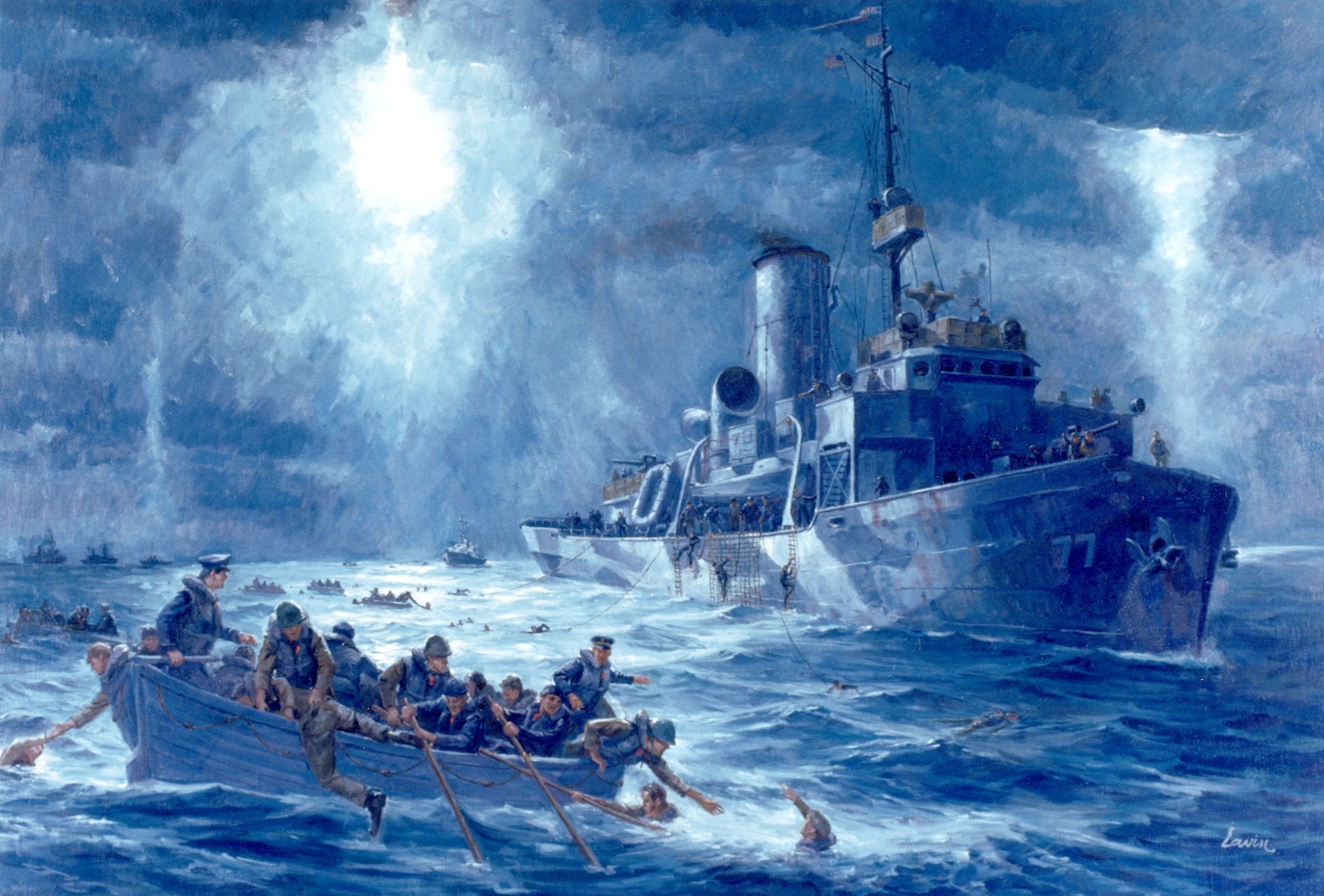 Painting of the Escanaba’s nighttime rescue effort painted by an unknown artist.
