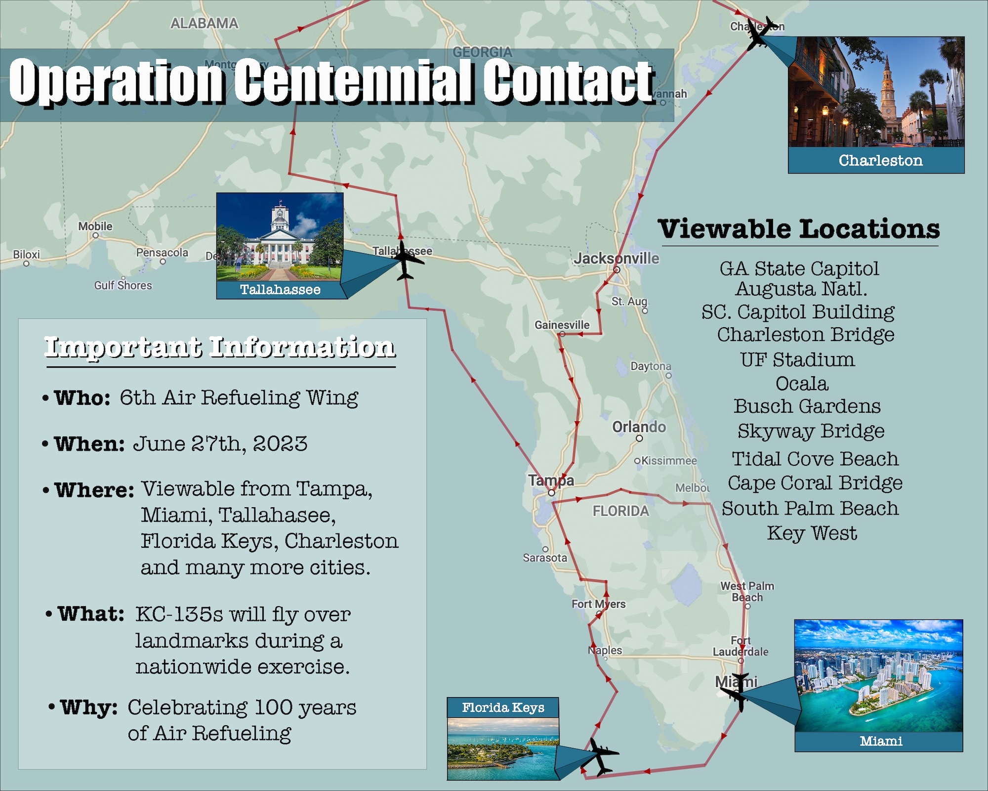 This graphic depicts the tentative flight path for aircraft assigned to the 6th Air Refueling Wing during Operation Centennial Contact, June 27, 2023. The map highlights key regional viewpoints of the aircraft for ground spectators and provides important information outlining the operation. (U.S. Air Force graphic by Airman 1st Class Zachary Foster)