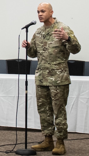 Chief Master Sgt. Lloyd Morales, 88th Air Base Wing command chief, address attendees before the starting of the Education Fair June 14, 2023, at the Hope Hotel & Richard C. Holbrooke Conference Center, Dayton, Ohio.