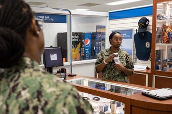 Chief Retail Services Specialist Daphne Lindsay, from Jackson, Mississippi, assigned to Naval Technical Training Center (NTTC) Meridian, instructs students in a simulated ship store as part of the retail services specialist “A” school in Meridian, Mississippi, July 1, 2023. NTTC Meridian, under the leadership of Center for Service Support, is one of the more than 1,640 subordinate learning sites that serve as a part of the Naval Education and Training Command (NETC) domain. NETC's mission is to recruit, train and deliver those who serve our nation, taking them from street-to-fleet by forging civilians into highly skilled, operational and combat ready warfighters. (United States Navy photo by Mass Communication Specialist 1st Class Zachary Melvin)