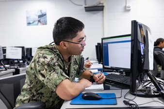 Logistics Specialist Seaman Recruit Franklin Fryer, from Saipan, assigned to Naval Technical Training Center (NTTC) Meridian, completes classwork as part of the logistics specialist “A” school in Meridian, Mississippi, July 1, 2023. NTTC Meridian, under the leadership of Center for Service Support, is one of the more than 1,640 subordinate learning sites that serve as a part of the Naval Education and Training Command (NETC) domain. NETC's mission is to recruit, train and deliver those who serve our nation, taking them from street-to-fleet by forging civilians into highly skilled, operational and combat ready warfighters. (United States Navy photo by Mass Communication Specialist 1st Class Zachary Melvin)