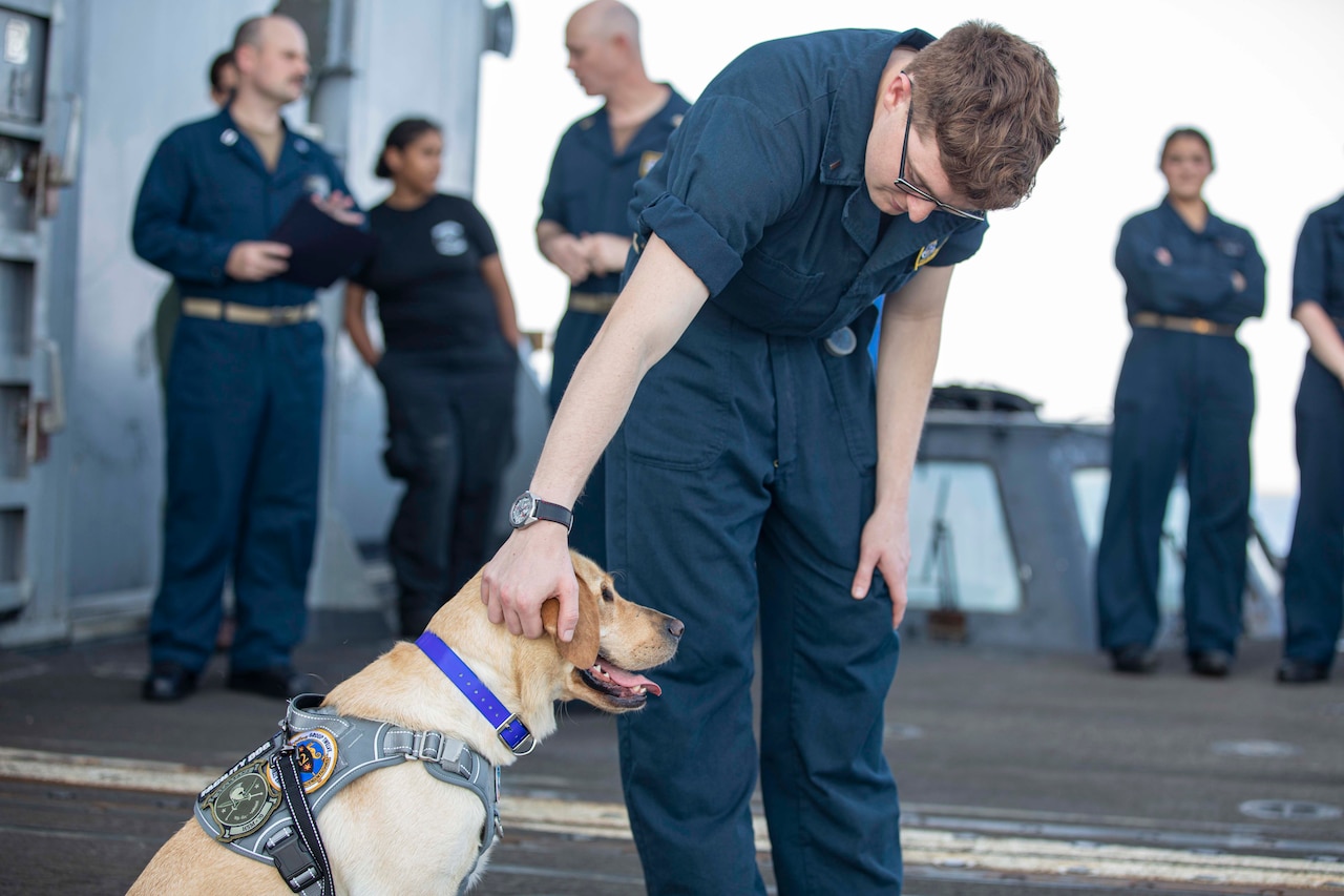 A sailor scratches a dog's ear while the pup sits on a ship's deck.