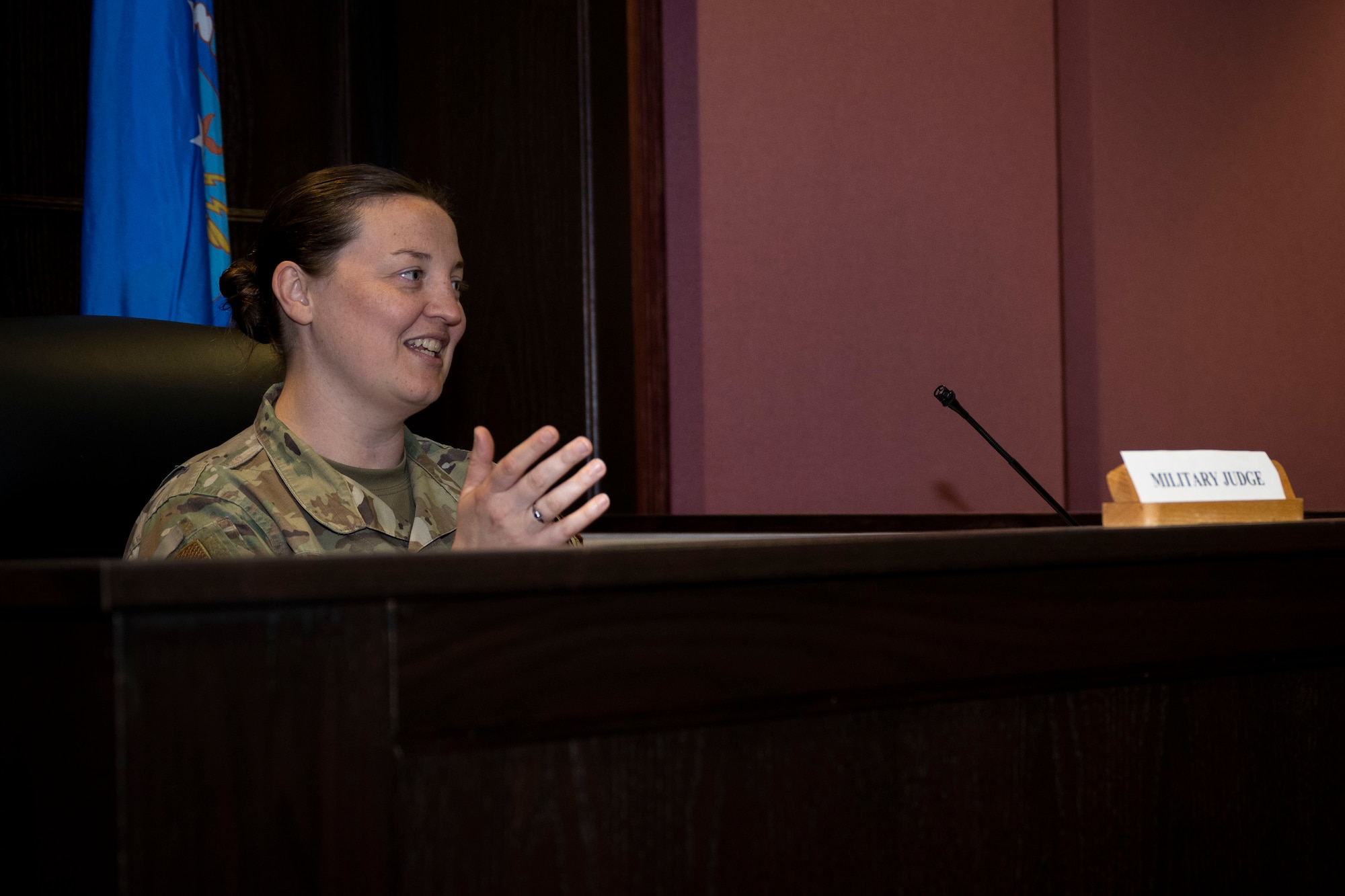 U.S. Air Force Maj. Alexandra Holtsclaw, 4th Fighter Wing deputy staff judge advocate, addresses a courtroom during a mock trial at Seymour Johnson Air Force Base, North Carolina, June 21, 2023. The base legal office provides commanders with advice as to the best course of action from a legal perspective. (U.S. Air Force photo by Senior Airman David Lynn)