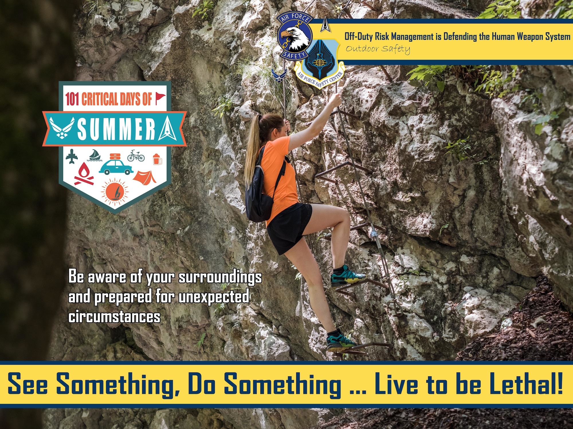 Female climbing a ladder up a rock wall 