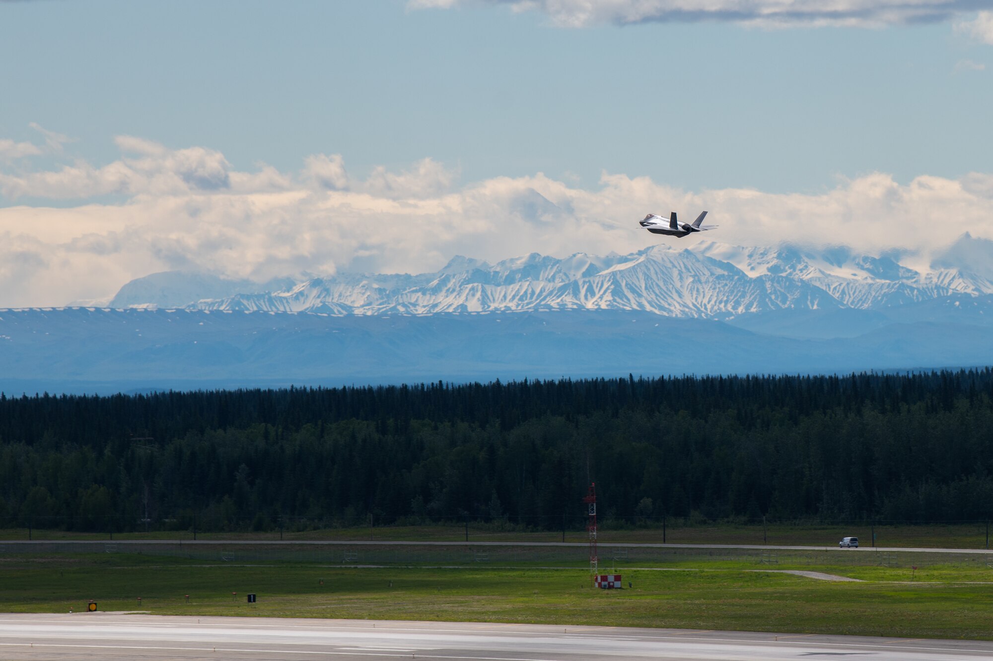 A U.S. Air Force F-35 Lightning II with the 356th Fighter Squadron takes off from Eielson Air Force Base, Alaska, June 13, 2023.