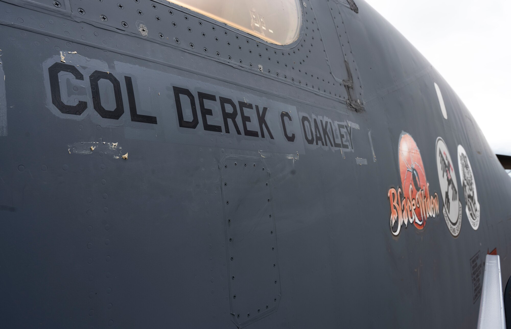 A U.S. Air Force B-1B Lancer, assigned to the 28th Bomb Wing, shows the name of the incoming 28th BW commander at Ellsworth Air Force Base, South Dakota, June 23, 2023.
