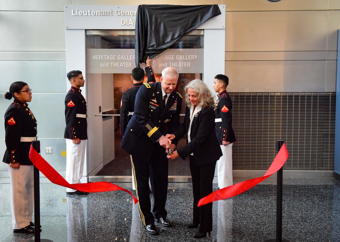 DIA Director Lt. Gen. Scott Berrier and Phyllis Stewart cut the ribbon on the newly renamed Lieutenant General Vincent R. Stewart DIA Museum at DIA HQ on Joint Base Anacostia-Bolling, June 23, 2023.