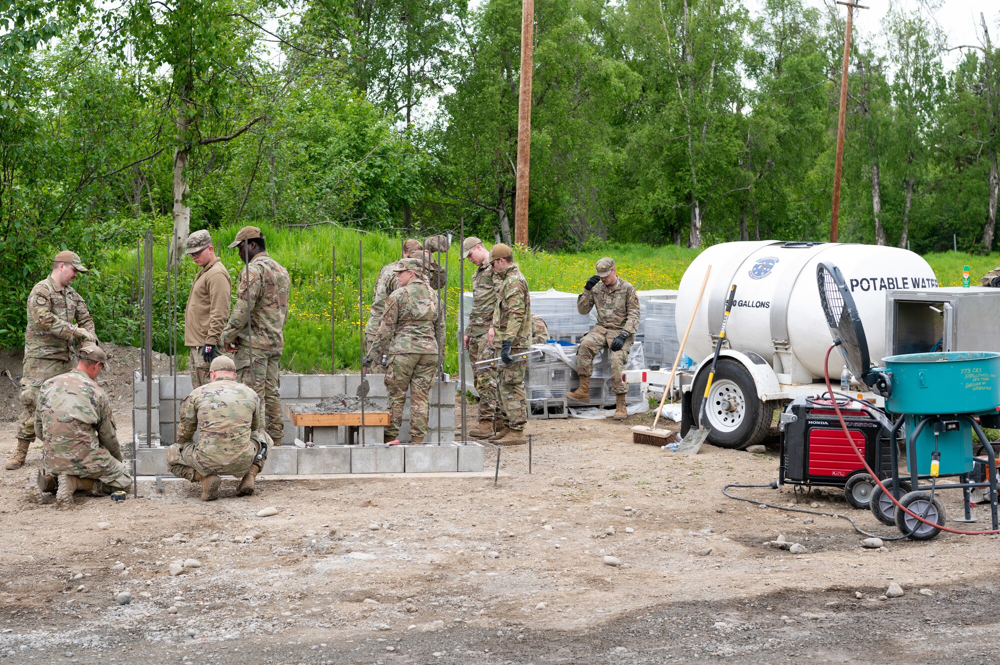 U.S. Air Force Airmen of the 673d Civil Engineer Squadron construct a guard outpost at Camp Mad Bull at Joint Base Elmendorf-Richardson, Alaska.