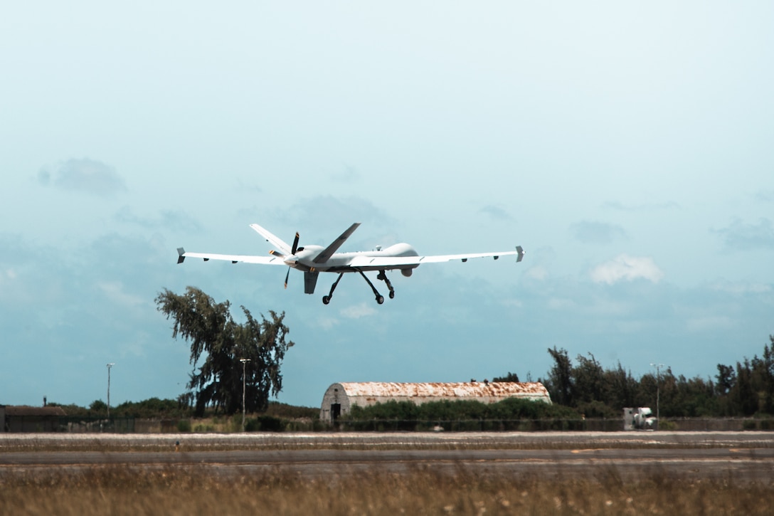 U.S. Marine Corps Marine Unmanned Aerial Vehicle Squadron (VMU) 3, Marine Aircraft Group 24, launches an MQ-9A on Marine Corps Air Station Kaneohe Bay, June 21, 2023. VMU-3, safely and successfully test and fly its first MQ-9A remotely piloted aircraft to meet the Naval Air Systems Command safety certification process. The Safe-For-Flight Operations Certification (SFFOC) is the final crucial milestone in VMU-3’s transition from the RQ-21A to the MQ-9A. (U.S. Marine Corps photo by Cpl. Christian Tofteroo).
