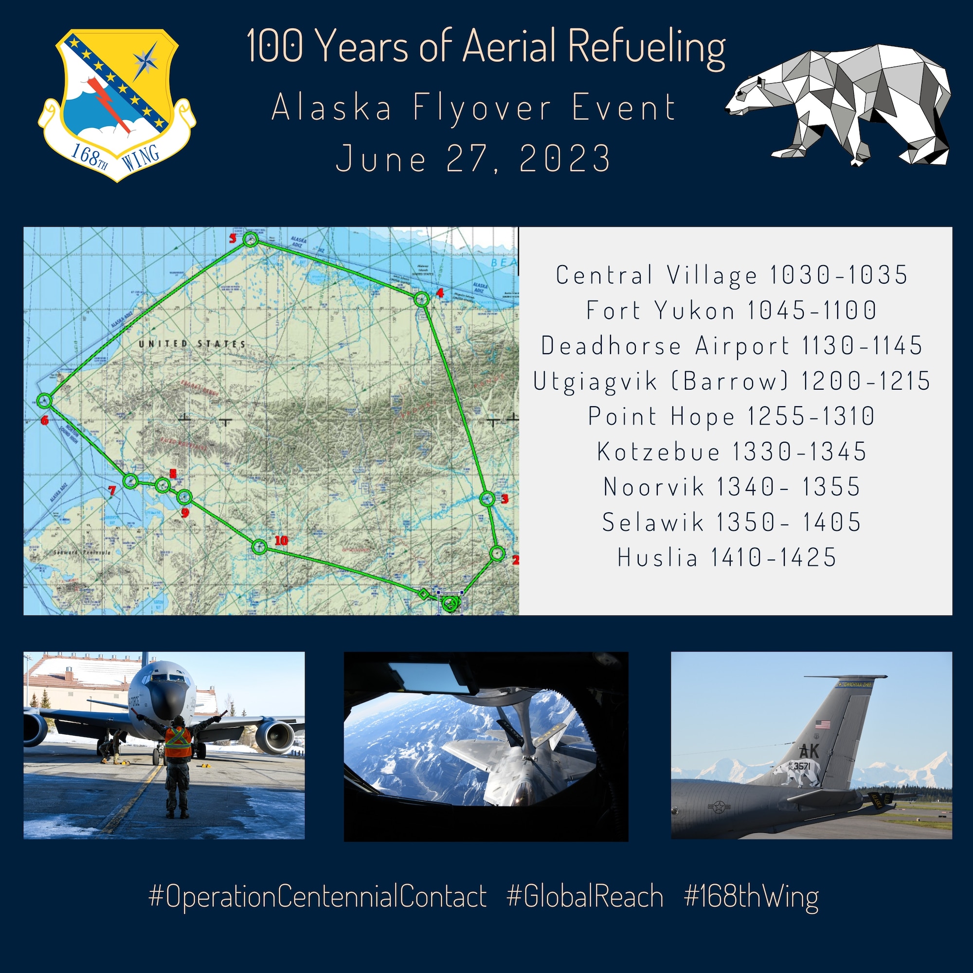 The 168th Wing, Alaska Air National Guard, is scheduled to conduct KC-135 Stratotanker flyovers across Alaska starting at approximately 10:30 a.m., June 27 as a part of the United States Air Force’s commemoration of 100 years of aerial refueling excellence.