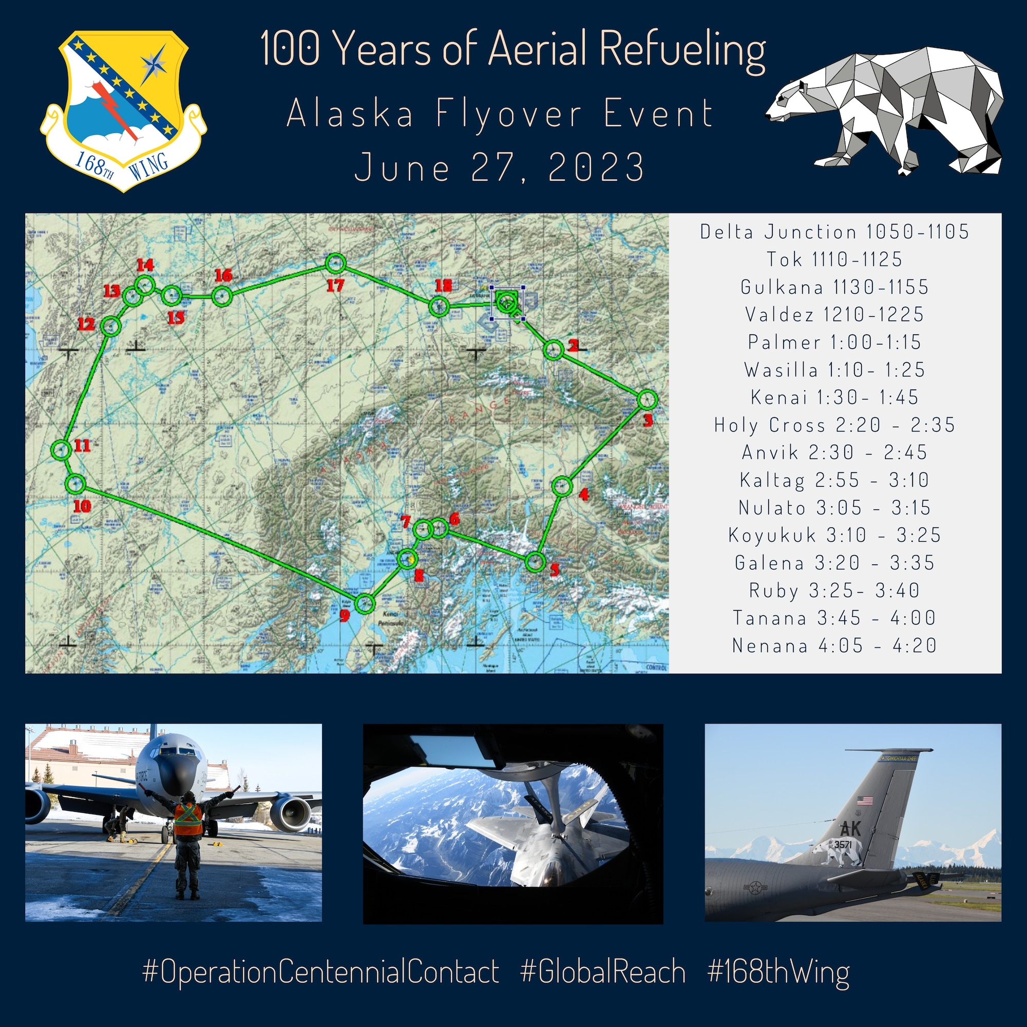 The 168th Wing, Alaska Air National Guard, is scheduled to conduct KC-135 Stratotanker flyovers across Alaska starting at approximately 10:30 a.m., June 27 as a part of the United States Air Force’s commemoration of 100 years of aerial refueling excellence.