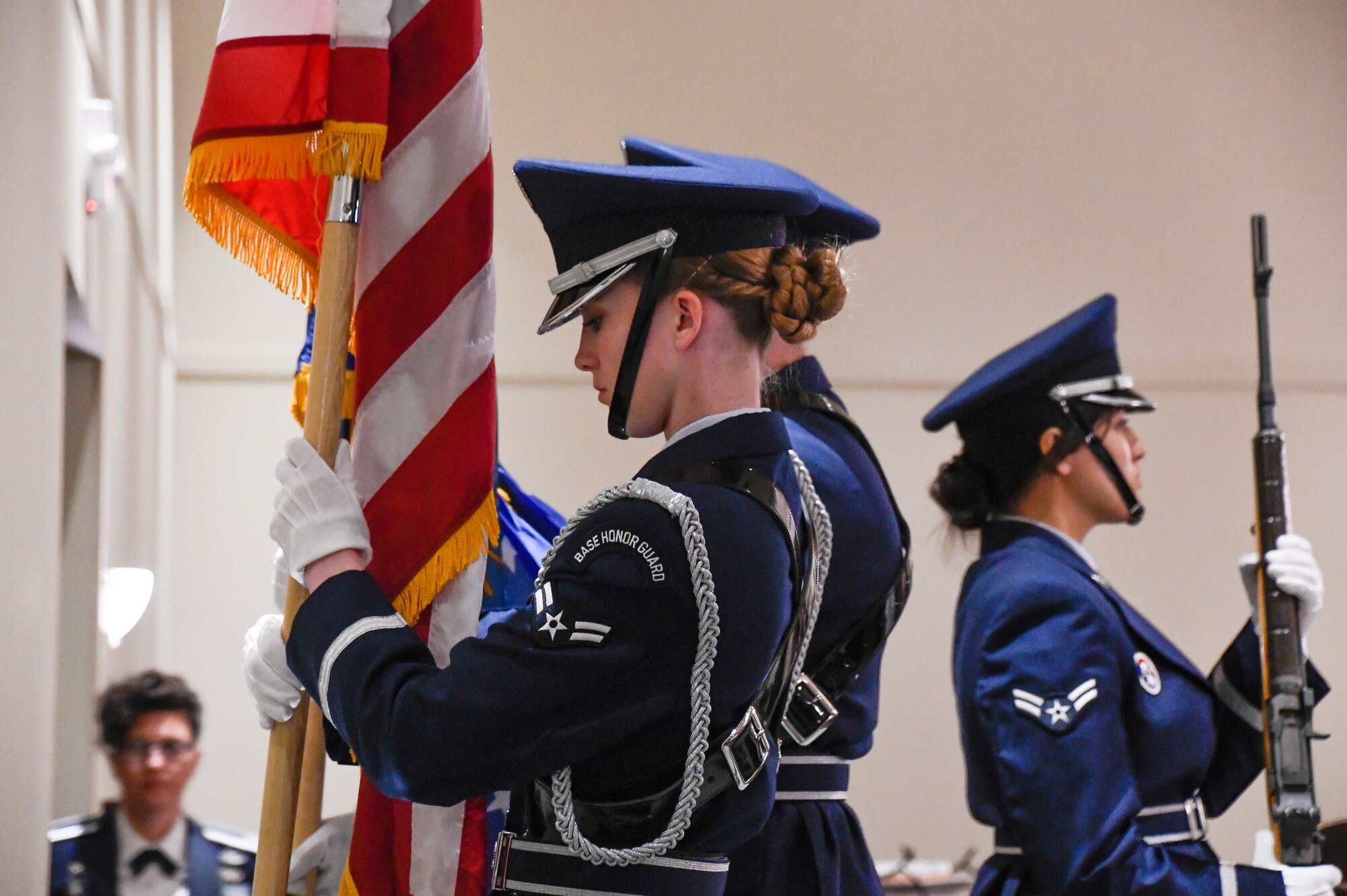 The U.S. Air Force Honor Guard from Eielson Air Force Base, Alaska, presents the colors, June 2, 2023, at the 168th Wing, Alaska Air National Guard, Wing Dining Out Ceremony in Fairbanks, Alaska. The Honor Guard presented colors during the ceremony and attended their first Dining Out as an Air Force member. The Air Force Dining Out event started approximately in the 1930s with Army Air Corp’s General H. “Hap” Arnold’s “Wing Dings.” U.S. Air Force Chief Master Sgt. Maurice Williams, the thirteenth command chief of the Air National Guard, was the guest speaker at the 2023 168th WG Dining Out.(U.S. Air National Guard photos by Senior Master Sgt. Julie Avey)