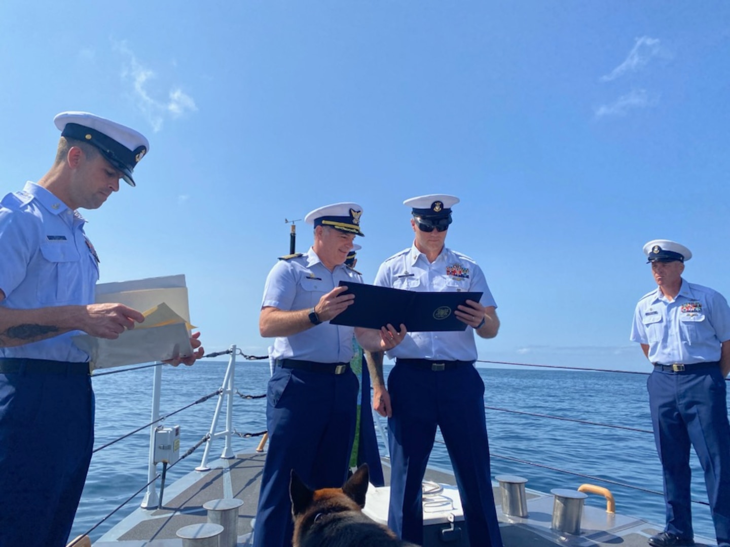 Senior Chief Petty Officer Derek Campbell relieves Master Chief Petty Officer Michael Thayer during a change of command ceremony for the U.S. Coast Guard Cutter Blacktip, off the coast of Anacapa Island, California, June 23, 2023. The change of command ceremony is a time-honored tradition and a transfer of total responsibility, authority, and accountability from one individual to another.