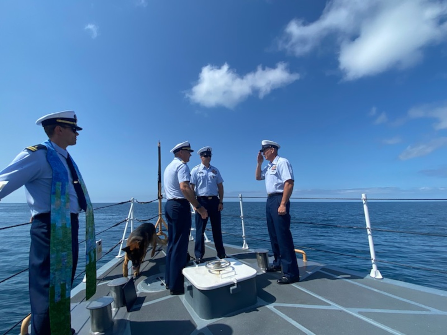 Senior Chief Petty Officer Derek Campbell relieves Master Chief Petty Officer Michael Thayer during a change of command ceremony for the U.S. Coast Guard Cutter Blacktip, off the coast of Anacapa Island, California, June 23, 2023. The change of command ceremony is a time-honored tradition and a transfer of total responsibility, authority, and accountability from one individual to another.