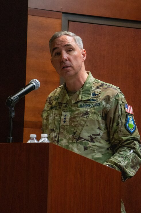  U.S. Space Force Lt. Gen Stephen Whiting, commander, Space Operations Command, commends outgoing Delta 2-Space Domain Awareness (DEL2) commander, Col. Marc Brock, for his accomplishments during his two years in command and welcomes incoming commander, Col. Raj Agrawal, during DEL2’s Change of Command ceremony June 23, 2023, at Peterson Space Force Base. (U.S. Space Force photo by Emily Peacock)