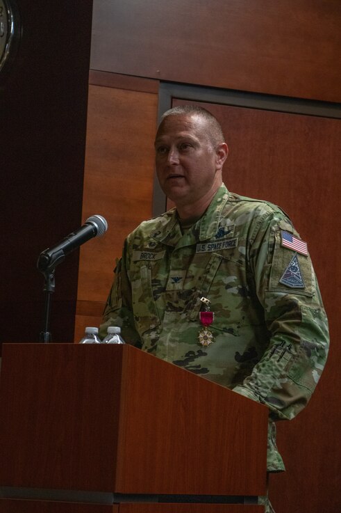  Col. Marc Brock, outgoing commander, Delta 2-Space Domain Awareness (DEL2), address friends, family and fellow service members during DEL2’s Change of Command ceremony June 23, 2023, at Peterson Space Force Base. (U.S. Space Force photo by Emily Peacock)