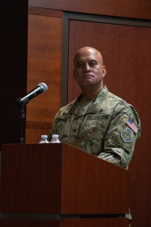  U.S. Space Force Col. Raj Agrawal, incoming commander, Delta 2-Space Domain Awareness (DEL2), address friends, family and fellow service members during DEL2’s Change of Command ceremony June 23, 2023, at Peterson Space Force Base. (U.S. Space Force photo by Emily Peacock)