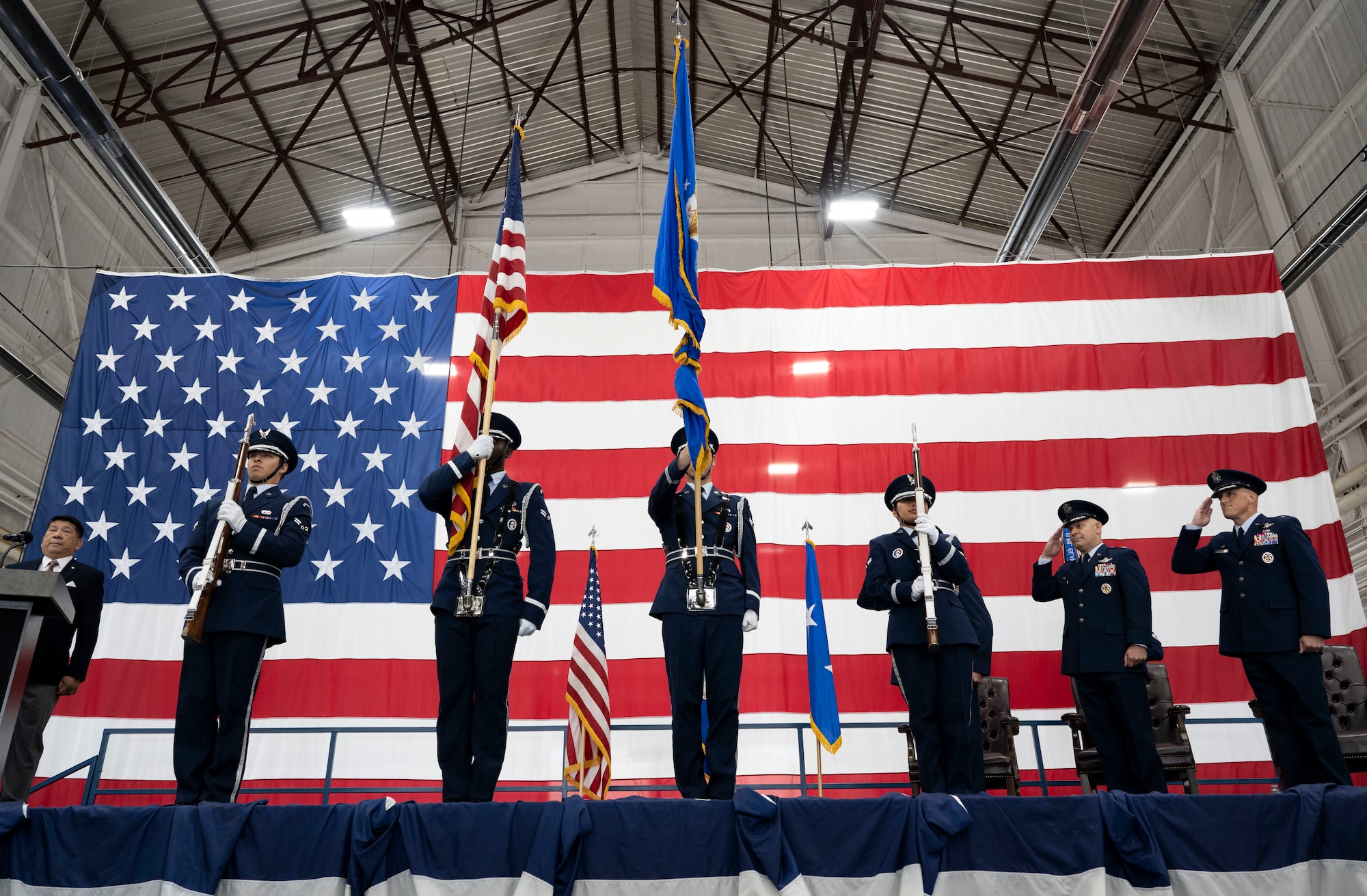 U.S. Air Force ceremonial guardsmen from the 28th Bomb Wing  present the colors during a change of command ceremony at Ellsworth Air Force Base, South Dakota, June 23, 2023.