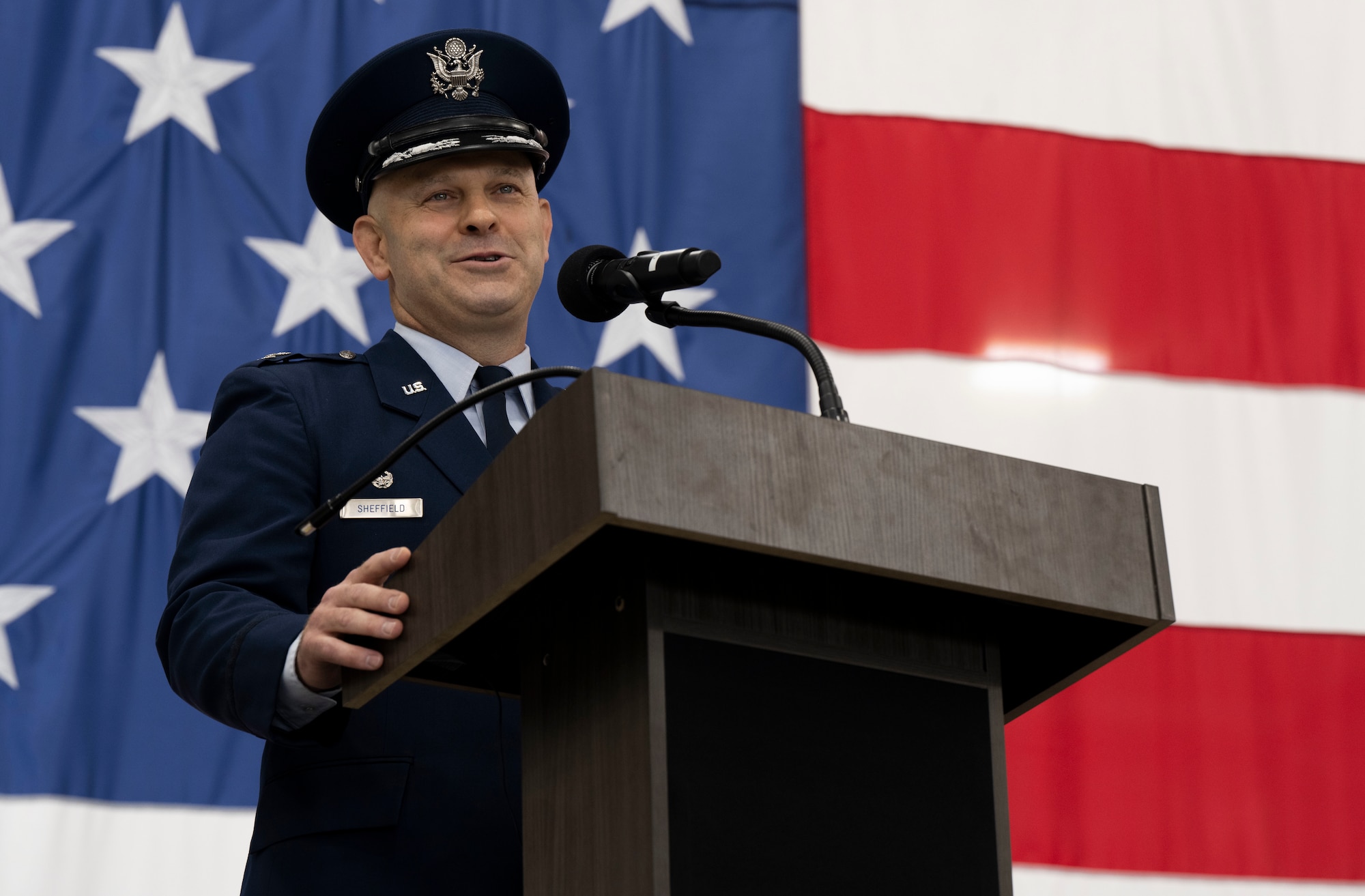 U.S. Air Force Col. Joseph L. Sheffield, outgoing commander of the 28th Bomb Wing, gives a speech during a change of command ceremony at Ellsworth Air Force Base, South Dakota, June 23, 2023.