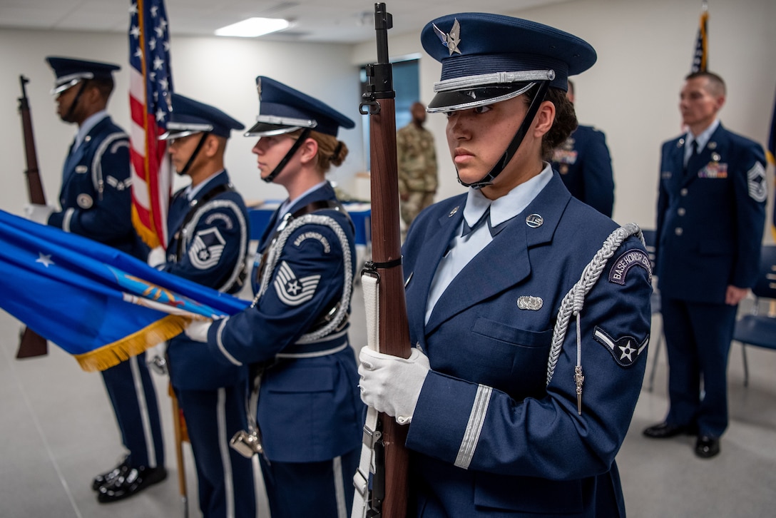 Honor Guard members from the Kentucky Air National Guard’s 123rd Airlift Wing present the colors during a retirement ceremony for Chief Master Sgt. Donald Hartman, outgoing senior enlisted leader for the 123rd Force Support Squadron, at the Kentucky Air National Guard Base in Louisville, Ky., May 21, 2023. Hartman is retiring after 23 years of military service. (U.S. Air National Guard photo by Tech. Sgt. Joshua Horton)