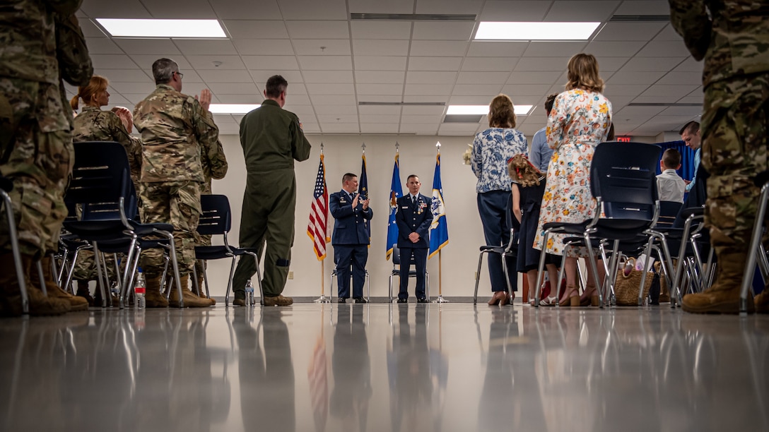 Airmen, friends and family members attend the retirement ceremony of Chief Master Sgt. Donald Hartman, outgoing senior enlisted leader for the 123rd Force Support Squadron, at the Kentucky Air National Guard Base in Louisville, Ky., May 21, 2023. Hartman is retiring after 23 years of military service. (U.S. Air National Guard photo by Tech. Sgt. Joshua Horton)