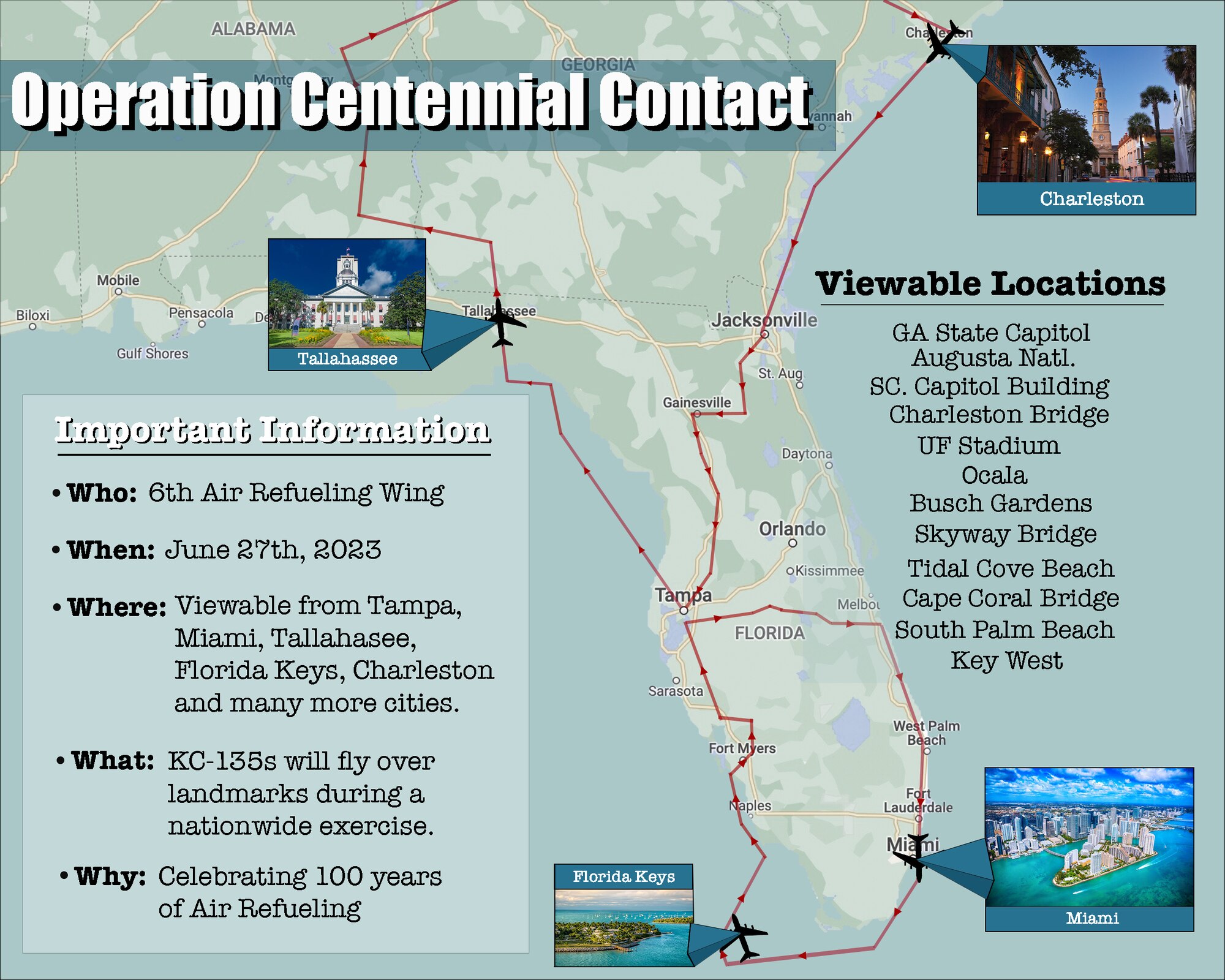This graphic depicts the tentative flight path for aircraft assigned to the 6th Air Refueling Wing during Operation Centennial Contact, June 27, 2023. The map highlights key regional viewpoints of the aircraft for ground spectators and provides important information outlining the operation. (U.S. Air Force graphic by Airman 1st Class Zachary Foster)