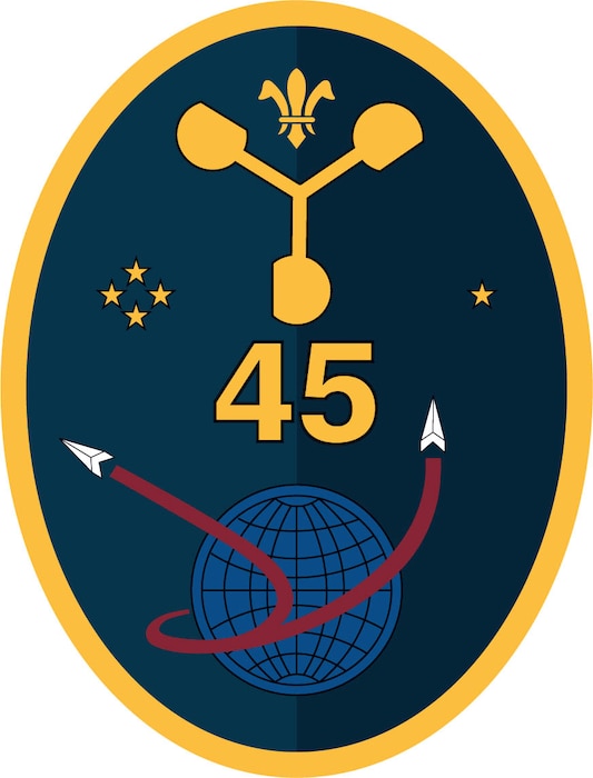 The emblem for the 45th Weather Squadron on Cape Canaveral Space Force Station, Fla. Principles of weather are accuracy, consistency, relevancy, and timeliness through the collection, analysis, and prediction of weather data.