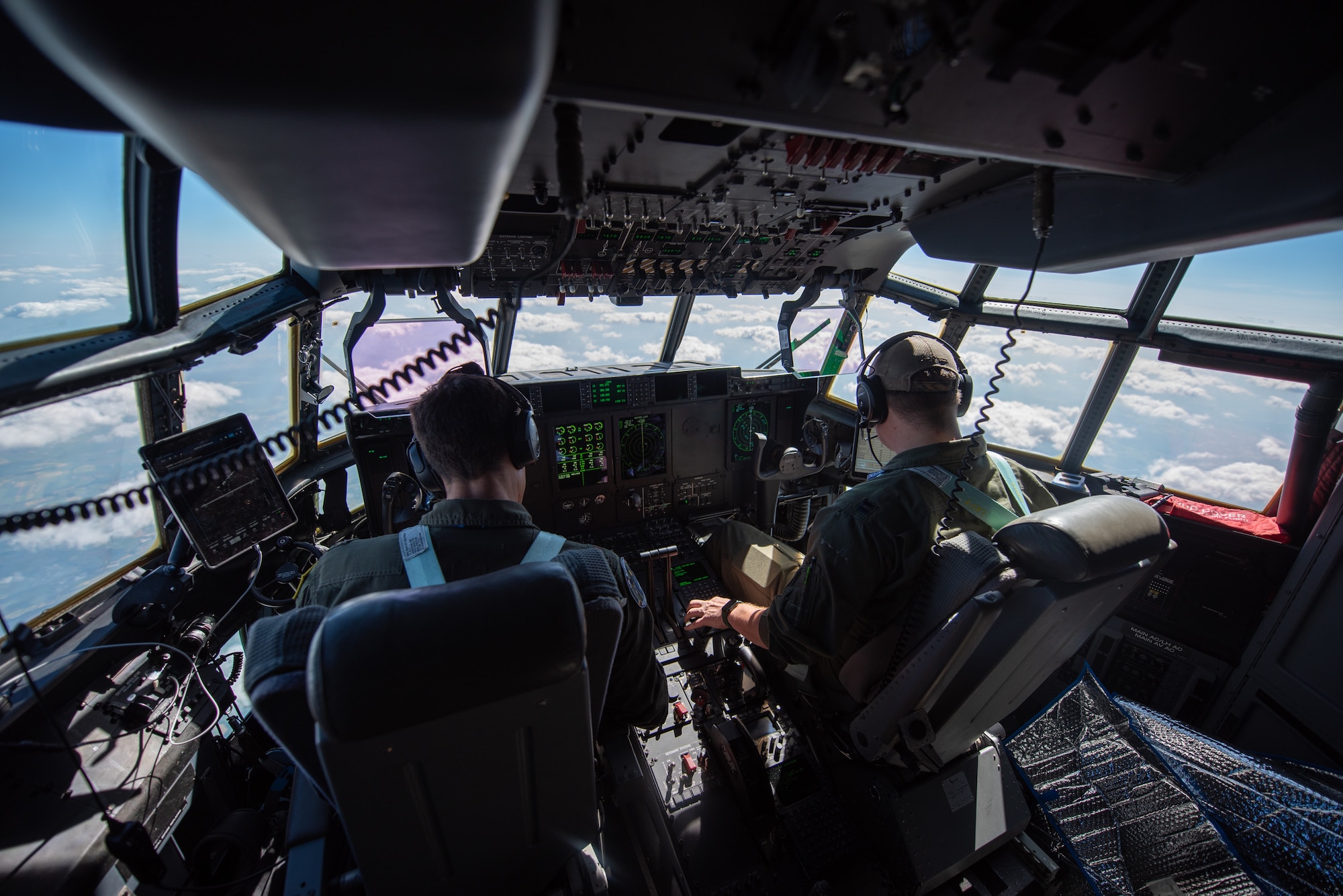 Pilots from the 123rd Airlift Wing fly a Kentucky Air National Guard C-130J Super Hercules over Germany during exercise Air Defender 2023, June 13, 2023. AD23 integrates both U.S. and allied air-power to defend shared values, while leveraging and strengthening vital partnerships to deter aggression around the world. (U.S. Air National Guard photo by Master Sgt. Phil Speck)