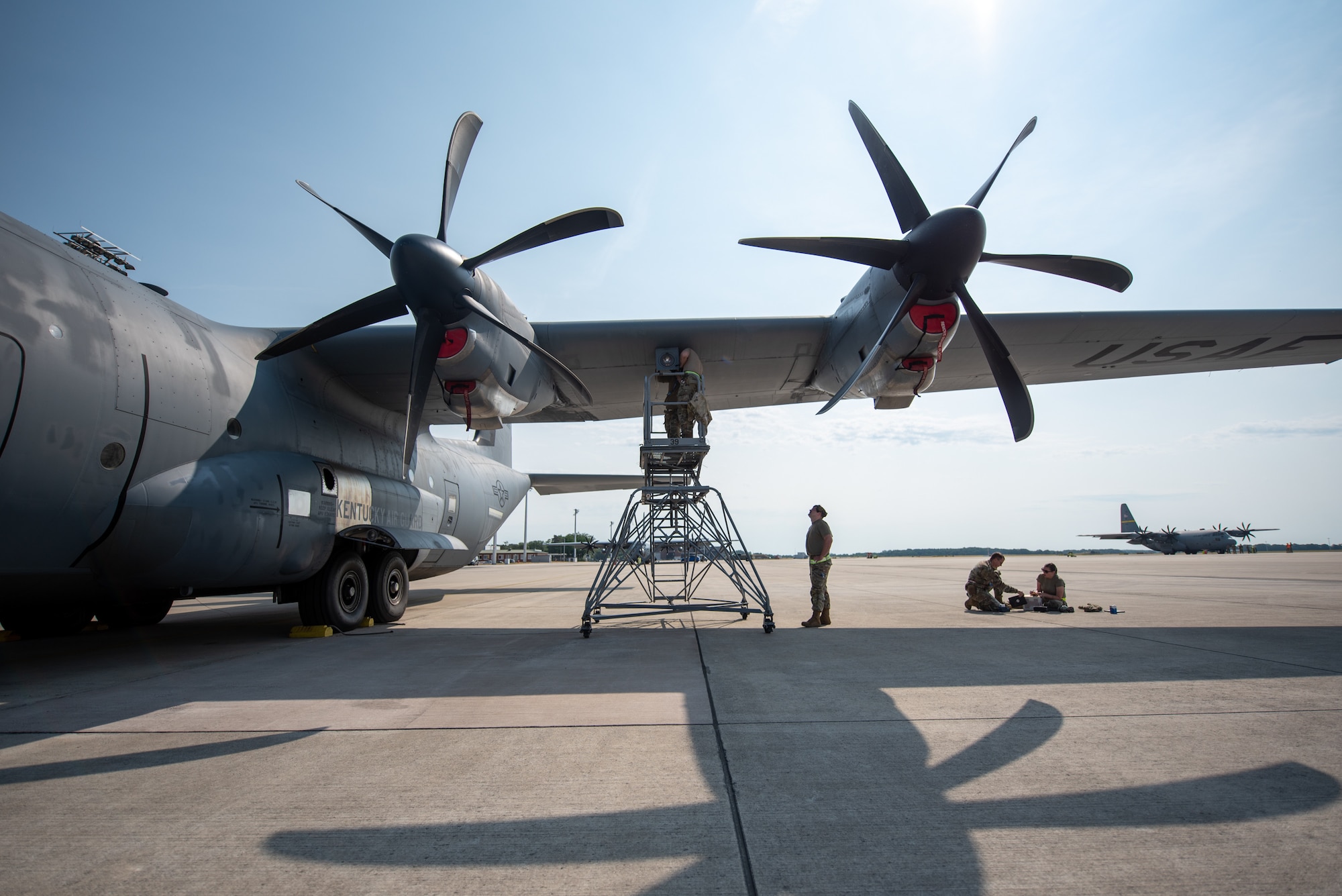U.S. Airmen, aircraft maintainers, assigned to the 123rd Maintenance Group, 123rd Airlift Wing, Kentucky National Guard, and the 165th Maintenance Squadron, 165th Airlift Wing, Georgia National Guard, work on a U.S. Air Force C-130J Super Hercules during Air Defender 2023 (AD23) at Wunstorf Air Base, Germany, June 19, 2023. Exercise AD23 integrates both U.S. and allied air-power to defend shared values, while leveraging and strengthening vital partnerships to deter aggression around the world. (U.S. Air National Guard photo by Master Sgt. Phil Speck)