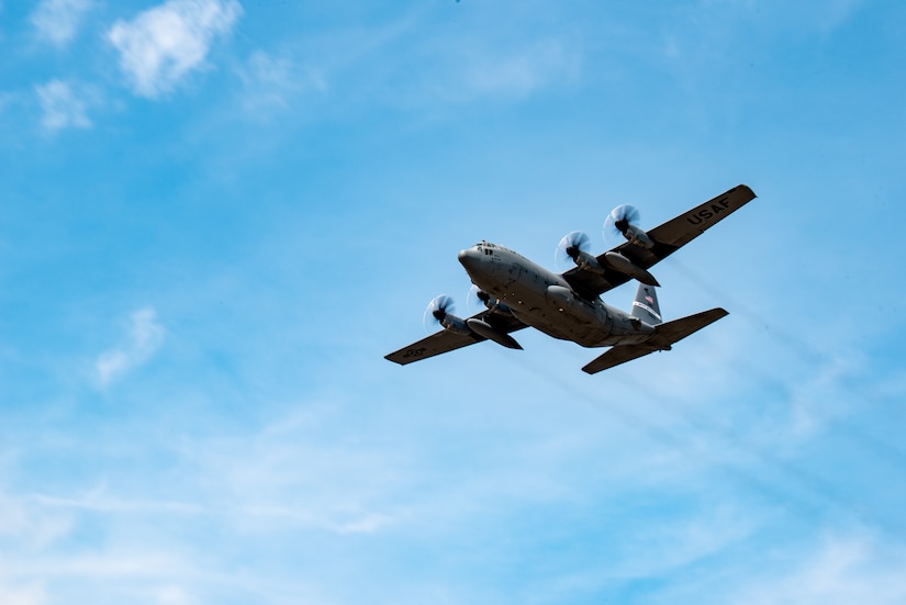A U.S. Air Force C-130 Hercules aircraft assigned to the 152nd Airlift Wing, Nevada National Guard,  flies over Wunstorf Air Base during Air Defender 2023 (AD23) in Wunstorf, Germany, June 19, 2023. Exercise AD23 integrates both U.S. and allied air-power to defend shared values, while leveraging and strengthening vital partnerships to deter aggression around the world. (U.S. Air National Guard photo by Master Sgt. Phil Speck)