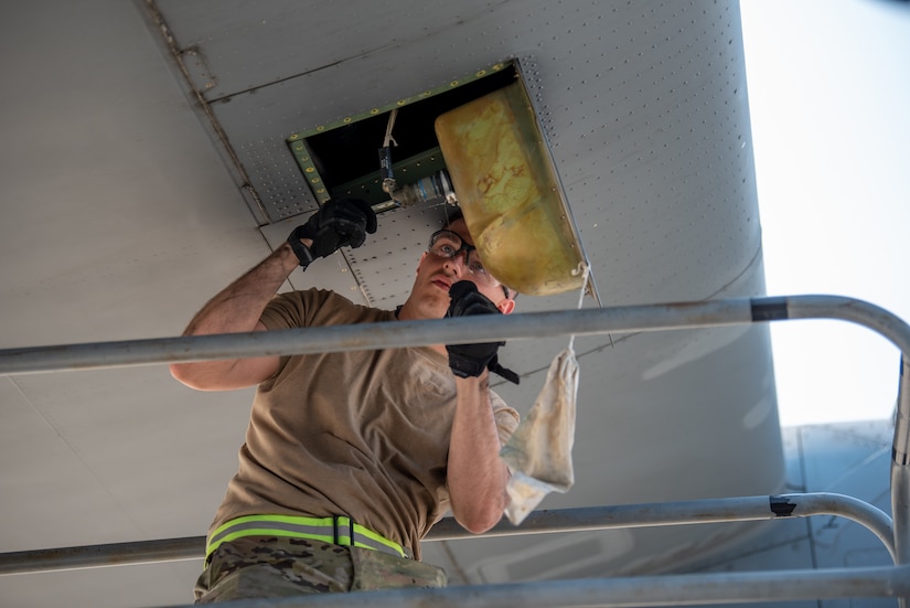 U.S. Air Force Airman 1st Class Ethan Paul, a crew chief assigned to the 123rd Aircraft Maintenance Squadron, 123rd Airlift Wing, Kentucky National Guard, closes a landing light on a C-130J Super Hercules aircraft during exercise Air Defender 2023 (AD23) at Wunstorf Air Base, Germany,  June 19, 2023. Exercise AD23 integrates both U.S. and allied air-power to defend shared values, while leveraging and strengthening vital partnerships to deter aggression around the world. (U.S. Air National Guard photo by Master Sgt. Phil Speck)