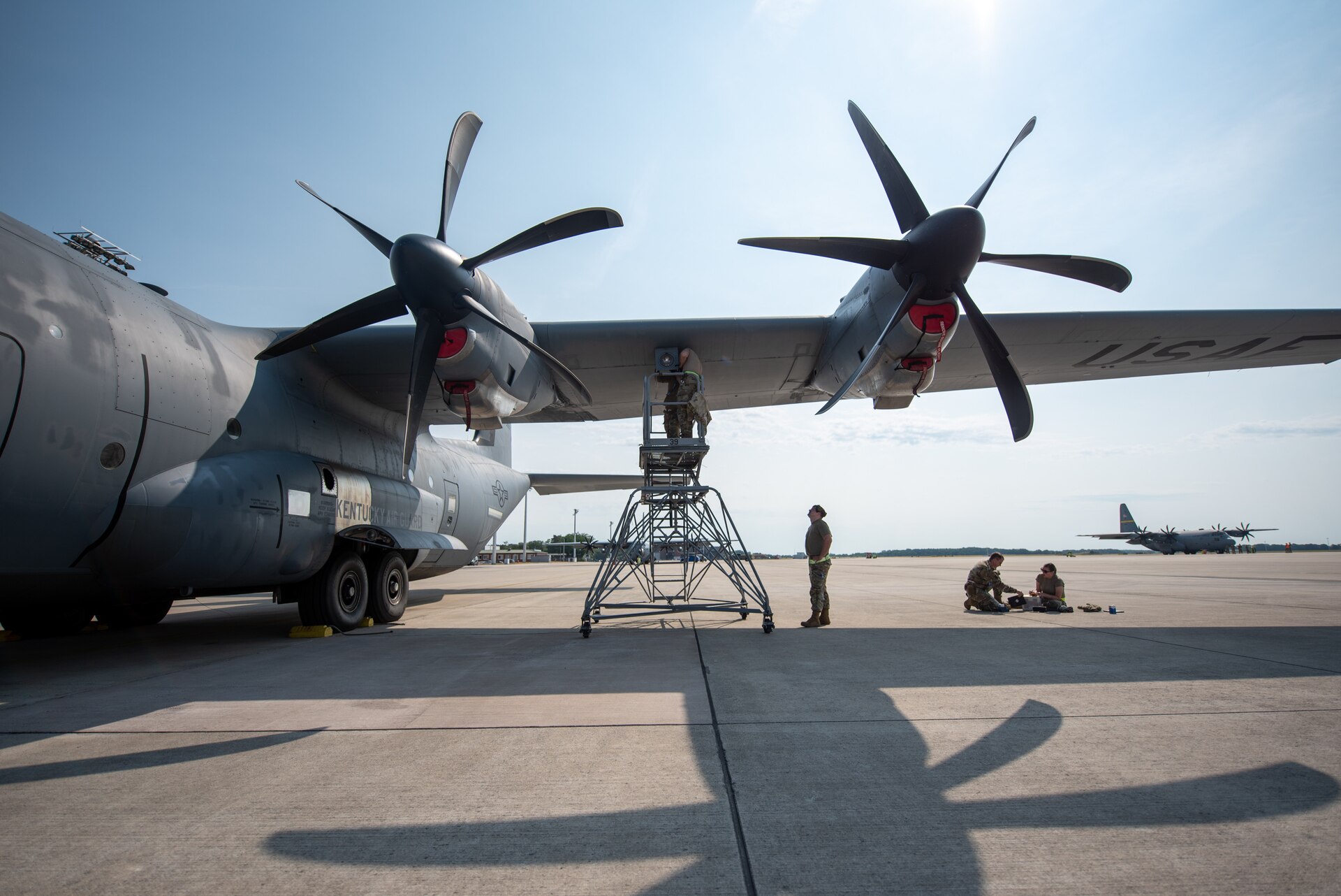 U.S. Airmen, aircraft maintainers, assigned to the 123rd Maintenance Group, 123rd Airlift Wing, Kentucky National Guard, and the 165th Maintenance Squadron, 165th Airlift Wing, Georgia National Guard, work on a U.S. Air Force C-130J Super Hercules during Air Defender 2023 (AD23) at Wunstorf Air Base, Germany, June 19, 2023. Exercise AD23 integrates both U.S. and allied air-power to defend shared values, while leveraging and strengthening vital partnerships to deter aggression around the world. (U.S. Air National Guard photo by Master Sgt. Phil Speck)